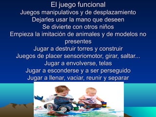 El juego funcional
Juegos manipulativos y de desplazamiento
Dejarles usar la mano que deseen
Se divierte con otros niños
Empieza la imitación de animales y de modelos no
presentes
Jugar a destruir torres y construir
Juegos de placer sensoriomotor, girar, saltar...
Jugar a envolverse, telas
Jugar a esconderse y a ser perseguido
Jugar a llenar, vaciar, reunir y separar

 