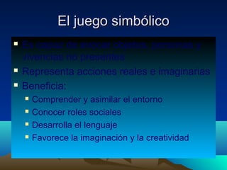 El juego simbólico





Es capaz de evocar objetos, personas y
vivencias no presentes
Representa acciones reales e imaginarias
Beneficia:





Comprender y asimilar el entorno
Conocer roles sociales
Desarrolla el lenguaje
Favorece la imaginación y la creatividad

 