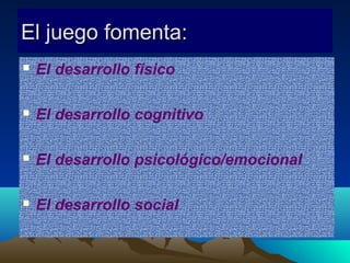 El juego fomenta:


El desarrollo físico



El desarrollo cognitivo



El desarrollo psicológico/emocional



El desarrollo social

 