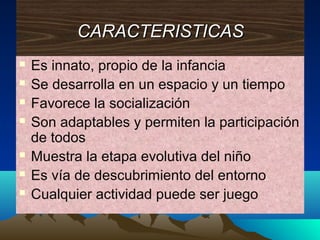 CARACTERISTICAS









Es innato, propio de la infancia
Se desarrolla en un espacio y un tiempo
Favorece la socialización
Son adaptables y permiten la participación
de todos
Muestra la etapa evolutiva del niño
Es vía de descubrimiento del entorno
Cualquier actividad puede ser juego

 