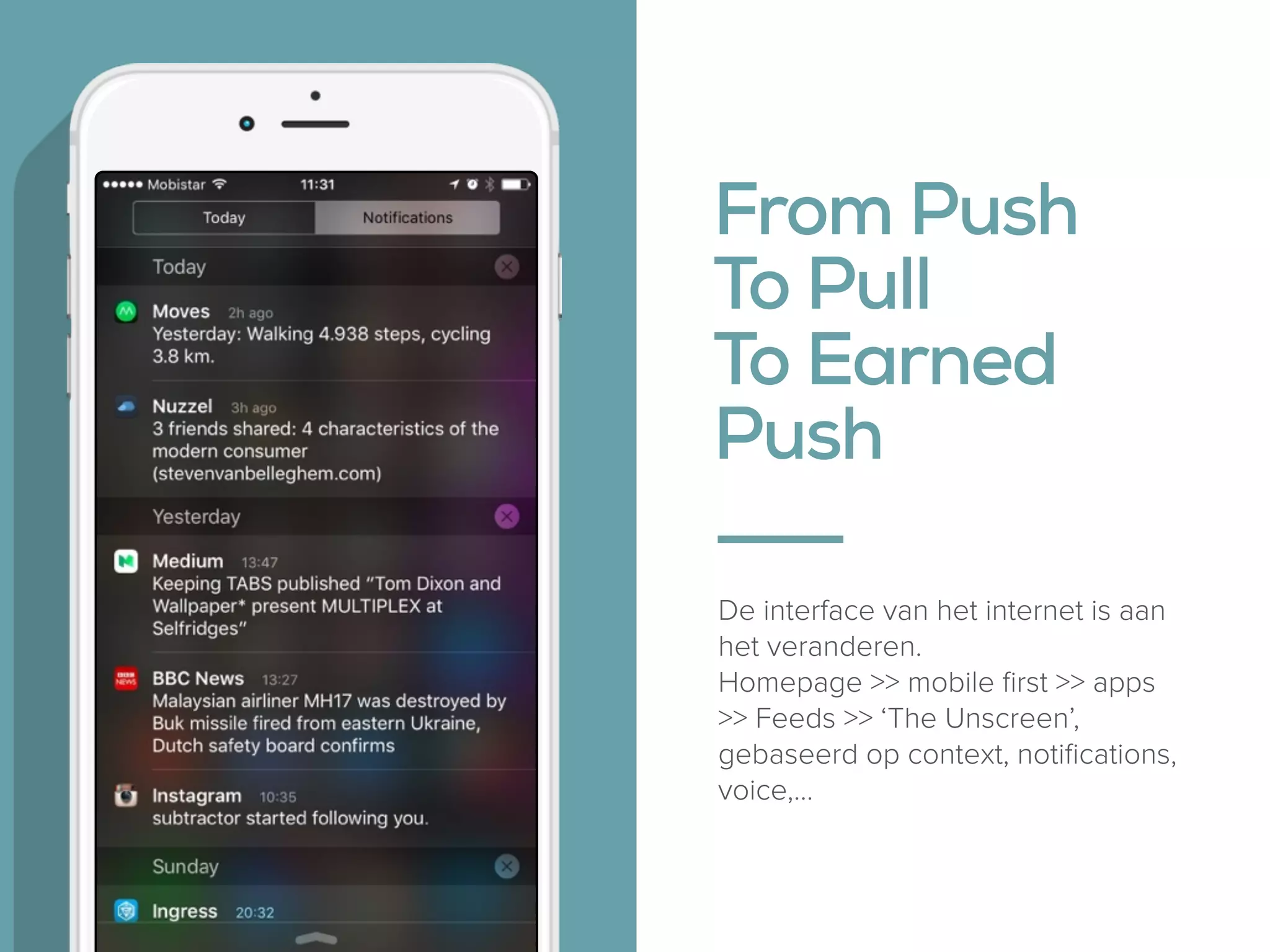 From Push 
To Pull 
To Earned
Push
De interface van het internet is aan
het veranderen.
Homepage >> mobile ﬁrst >> apps
>> Feeds >> ‘The Unscreen’,
gebaseerd op context, notiﬁcations,
voice,…
 