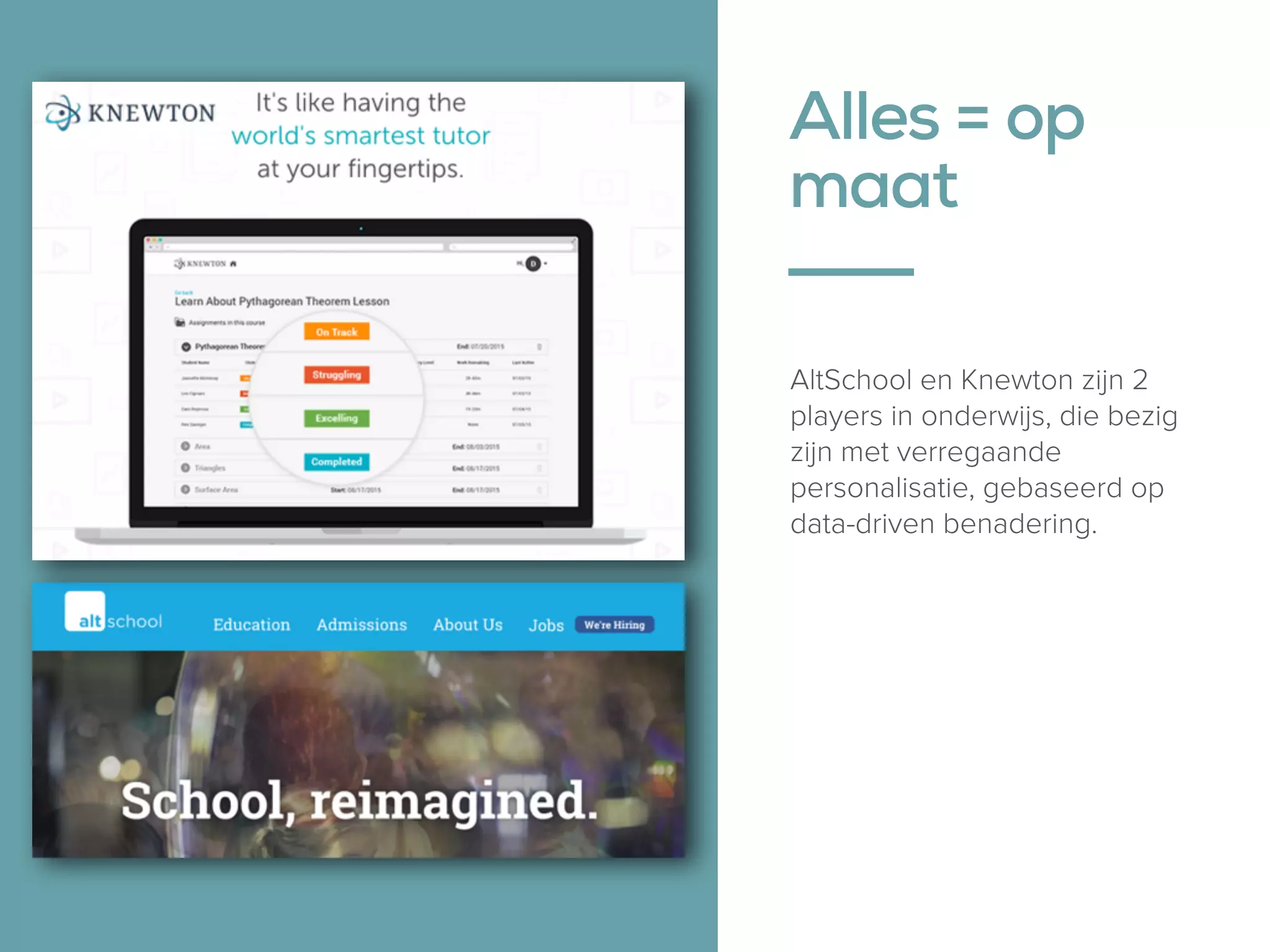 Alles = op
maat
AltSchool en Knewton zijn 2
players in onderwijs, die bezig
zijn met verregaande
personalisatie, gebaseerd op
data-driven benadering.
— Resources
 
