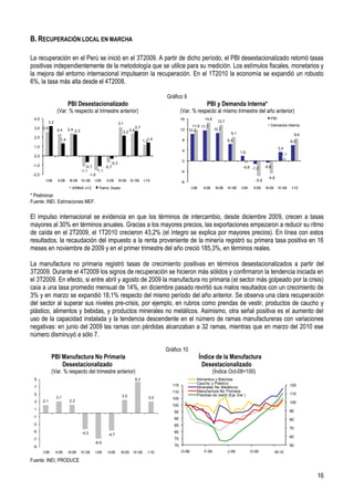 B. RECUPERACIÓN LOCAL EN MARCHA

La recuperación en el Perú se inició en el 3T2009. A partir de dicho período, el PBI desestacionalizado retomó tasas
positivas independientemente de la metodología que se utilice para su medición. Los estímulos fiscales, monetarios y
la mejora del entorno internacional impulsaron la recuperación. En el 1T2010 la economía se expandió un robusto
6%, la tasa más alta desde el 4T2008.

                                                                                               Gráfico 9
                          PBI Desestacionalizado                                                                        PBI y Demanda Interna*
                  (Var. % respecto al trimestre anterior)                                              (Var. % respecto al mismo trimestre del año anterior)
 4,0                                                                                                   16              14,6                                        PBI
           3,2                                                                                                                  13,7
                                                              3,1                                                                                                  Demanda Interna
                                                                               2,7                            11,9 11,7
 3,0 2,6          2,4     2,4 2,3                                        2,4                           12                     10,7
                                                                 2,2                                        10,3
                                                                                                                                          9,1                                         8,6
 2,0
                    1,4                                                              1,21,4            8                                6,4                                      6,0
 1,0                                                                                                                                                                     3,4
                                                                                                       4                                        1,9
 0,0                                                                                                                                                                       1,1
                                                                                                       0
                                                       -0,3
 -1,0                                  -0,7        -0,7                                                                                          -0,8 -1,2      -0,6
                                    -1,1      -1,1                                                     -4
 -2,0                                    -1,6
                                                                                                                                                                  -4,8
         I-08     II-08    III-08   IV-08   I-09    II-09     III-09     IV-09       I-10              -8                                                -5,8

                            ARIMA x12          Tramo Seats                                                    I-08    II-08    III-08   IV-08   I-09    II-09   III-09   IV-09    I-10

* Preliminar.
Fuente: INEI. Estimaciones MEF.

El impulso internacional se evidencia en que los términos de intercambio, desde diciembre 2009, crecen a tasas
mayores al 30% en términos anuales. Gracias a los mayores precios, las exportaciones empezaron a reducir su ritmo
de caída en el 2T2009, el 1T2010 crecieron 43,2% (el íntegro se explica por mayores precios). En línea con estos
resultados, la recaudación del impuesto a la renta proveniente de la minería registró su primera tasa positiva en 16
meses en noviembre de 2009 y en el primer trimestre del año creció 185,3%, en términos reales.

La manufactura no primaria registró tasas de crecimiento positivas en términos desestacionalizados a partir del
3T2009. Durante el 4T2009 los signos de recuperación se hicieron más sólidos y confirmaron la tendencia iniciada en
el 3T2009. En efecto, si entre abril y agosto de 2009 la manufactura no primaria (el sector más golpeado por la crisis)
caía a una tasa promedio mensual de 14%, en diciembre pasado revirtió sus malos resultados con un crecimiento de
3% y en marzo se expandió 18,1% respecto del mismo período del año anterior. Se observa una clara recuperación
del sector al superar sus niveles pre-crisis, por ejemplo, en rubros como prendas de vestir, productos de caucho y
plástico, alimentos y bebidas, y productos minerales no metálicos. Asimismo, otra señal positiva es el aumento del
uso de la capacidad instalada y la tendencia descendente en el número de ramas manufactureras con variaciones
negativas: en junio del 2009 las ramas con pérdidas alcanzaban a 32 ramas, mientras que en marzo del 2010 ese
número disminuyó a sólo 7.

                                                                                               Gráfico 10
               PBI Manufactura No Primaria                                                                           Índice de la Manufactura
                   Desestacionalizado                                                                                 Desestacionalizado
               (Var. % respecto del trimestre anterior)                                                                       (Índice Oct-08=100)
 9                                                                             8,3                               Alimentos y Bebidas
                                                                                                 115             Caucho y Plástico                                               120
 7                                                                                                               Minerales No Metálicos
                                                                                                 110             Manuf actura No Primaria
 5                                                                                                               Prendas de vestir (Eje Der.)                                    110
                 3,1                                            3,5                     3,0      105
 3      2,1                2,2                                                                                                                                                   100
                                                                                                 100
 1                                                                                                                                                                               90
                                                                                                  95
 -1                                                                                               90                                                                             80
 -3                                                                                               85
                                                                                                                                                                                 70
 -5                                 -4,3                                                          80
                                                     -4,7
                                                                                                  75                                                                             60
 -7
                                            -6,9
 -9                                                                                               70                                                                             50
        I-08     II-08    III-08    IV-08    I-09    II-09      III-09     IV-09        I-10           O-08            F-09             J-09           O-09            F-10
                                                                                                                                                                        M-10

Fuente: INEI, PRODUCE

                                                                                                                                                                                            16
 