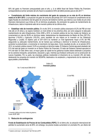 60% del gasto no financiero presupuestado para el año; y, ii) el déficit fiscal del Sector Público No Financiero
correspondiente al primer semestre del año fiscal no excederá el 40% del déficit previsto para el año 201122.

     Cumplimiento del límite máximo de crecimiento del gasto de consumo en no más de 4% en términos
reales en el 2011-2013. La proyección de gasto de consumo del periodo 2011-2013 incorpora el cumplimiento de las
reglas fiscales de crecimiento real del gasto de consumo del Gobierno Central, que retorna a sus niveles de pre-crisis
financiera internacional cuyo límite es 4% en términos anualizados. Se priorizarán los gastos de mantenimiento de
infraestructura, dado el importante salto de la inversión pública de los últimos años.

     Estabilizar ratio de inversión pública. En el año 2010, la inversión pública alcanzará el 6,2% del PBI (el nivel
más alto en 25 años) y se espera mantener un nivel similar en los próximos años; así como asegurar el adecuado
mantenimiento de esta infraestructura. Entre 2008 y 2010, la inversión pública de los tres niveles de Gobierno se
incrementará en más de 58,8% en términos reales, destacándose los departamentos de Madre de Dios (397,3%),
Apurímac (118,6%) y Ayacucho (103,2%), como resultado de una mejora en la inversión en los Gobiernos
Regionales y Locales. El objetivo para el 2011-2013 es mantener un nivel ligeramente mayor al 6% del PBI,
asegurando su adecuado mantenimiento, de tal manera que contribuya a disminuir la brecha de infraestructura,
aumentar la productividad, e incrementar el crecimiento de largo plazo. Como resultado de ello, en el periodo 2010-
2013, la inversión pública crecerá 10,8% en promedio en términos reales. El Gobierno Central ejecutará alrededor del
51% del total del gasto en inversión en el Sector Público No Financiero. El resto del Gobierno General ejecutará el
41% del total. En este último caso, el mayor gasto de capital de los gobiernos locales estaría destinado a proyectos
de los sectores transporte, saneamiento, educación y agro, mientras que EsSalud continuaría con la construcción de
nuevos hospitales. Por su parte, las empresas públicas mantendrán el dinamismo de su inversión (8% del total),
destacando los proyectos de inversión de SEDAPAL destinados a la ampliación y mejoramiento de los sistemas de
agua potable y alcantarillado.

                                                                         Gráfico 22
                                                                     Inversión pública
                    Var. % real anual 2008-2010)1



                                                                                                                 (% del PBI)
                                                                                  7
                                                                                                                                                    6,4 6,4
                                                                                                                                            6,2 6,3
                                                                                  6
                                                                                                                                      5,3

                                                                                  5
                                                                                                                               4,2
                                                                                      4,0
                                                                                  4

                                                                                             3,1                         3,1
                                                                                  3                2,8 2,8 2,8 2,9 2,8


                                                                                  2
                                                                                      2000         2002   2004    2006         2008         2010   2012 2013




1/ Inversión pública de los tres niveles de gobierno.
Fuente: BCRP, MEF.

3. Reducción de contingencias

Fondo de Estabilización de Precios de los Combustibles (FEPC). En el último año, la cotización internacional del
petróleo ha aumentado cerca de 80%; sin embargo, los precios locales aumentaron en promedio 6%, por efecto del

22   Literal d), del inciso 1, del artículo 4º del TUO de la LRTF.
                                                                                                                                                               31
 