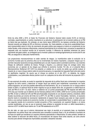 Gráfico 2
                                                  Resultado económico del SPNF
                                                                    (% del PBI)
                                    4
                                                      3,1

                                               2,1           2,1
                                    2


                                                                                                 0,4

                                    0
                                        -0,3                                              -0,4
                                                                                   -1,0
                                                                            -1,6
                                   -2                                -1,9
                                        2005   2006   2007   2008    2009   2010   2011   2012   2013

                                 Fuente: BCRF, MEF.

Entre los años 2008 y 2010, el Gasto No Financiero del Gobierno General habrá crecido 53,3% en términos
nominales, experimentando un cambio importante en su estructura: la participación de la inversión pública en el PBI
se habrá más que duplicado. Sin embargo, en ese mismo lapso (2008-2010), los ingresos corrientes del Gobierno
General crecerán por debajo de 20% en términos nominales. Así, hacia adelante, en aras de la sostenibilidad fiscal,
será imprescindible reducir el ritmo de crecimiento del gasto público para asegurar el retorno al cumplimiento de las
metas fiscales, evitar presiones inflacionarias, presiones apreciatorias de la moneda local y recuperar la capacidad de
respuesta ante una eventual recaída de la economía mundial. A diferencia de episodios anteriores de menor
crecimiento del gasto público, se privilegiará que la inversión pública se mantenga ligeramente por encima del 6% del
PBI y se asegurará su adecuado mantenimiento.

Las proyecciones macroeconómicas no están exentas de riesgos. La incertidumbre sobre la evolución de la
economía mundial para los próximos años se ha incrementado de manera importante y subyacen riesgos que no
permiten descartar escenarios de baja probabilidad pero con alto impacto sobre la actividad económica. Las recientes
rebajas de calificación crediticia de Grecia, Portugal y España y su potencial riesgo de contagio sobre otras
economías son un ejemplo de los riesgos que enfrenta la economía mundial. Por ello, en el presente Marco
Macroeconómico Multianual 2011-2013 se presenta un análisis de un evento de estrés que permite evaluar el
impacto de un nuevo choque externo sobre la economía peruana y la capacidad de respuesta fiscal ante este evento
de significativa magnitud. Se asume que el choque se produce en el año 2011; no obstante, los riesgos
contemplados y sus potenciales efectos podrían ocurrir en cualquiera de los años del horizonte de proyección 2011-
2013.

En ese escenario de estrés, se evaluó la capacidad de respuesta de la política fiscal para contrarrestar los impactos
negativos de dicho evento y determinar el margen fiscal que existiría para implementar nuevamente una fuerte
política expansiva, así como las posibles alternativas de financiamiento. Así, en un escenario con un choque externo
similar al 2009 y un estímulo fiscal de similar magnitud al que se adoptó dicho año, se generaría un déficit fiscal de
4,8% del PBI en el 2011. Es decir, habría un deterioro de 3,2 puntos porcentuales del PBI respecto del déficit del
2010 (hay que recordar que el deterioro de las finanzas públicas entre el 2008 y 2009 fue de 4 puntos porcentuales
del PBI). Si bien un déficit de 4,8% del PBI sería financiable únicamente en una situación extrema y transitoria; déficit
fiscales recurrentes por encima del límite de la LRTF (1% del PBI) no serían financiables. Asimismo, el escenario
descrito ilustra la necesidad de recomponer rápidamente el espacio fiscal necesario para estar en mejor posición
frente a una eventual recaída de la economía mundial, sin comprometer la sostenibilidad fiscal. Lo óptimo sería que
una segunda recaída de la economía mundial encuentre al Perú nuevamente con superávit fiscales o al menos
cuentas equilibradas, por eso es que el escenario base enfatiza la necesidad de tener un déficit descendente y
retornar el 2011 al déficit fiscal máximo de 1% del PBI establecido en la LRTF.

De otro lado, en caso que el entorno internacional sea mejor al asumido en el escenario base, es importante
implementar una política fiscal más contracíclica para consolidar la posición fiscal, a fin de enfrentar el aumento de
los flujos de capital que resultarían en mayores presiones apreciatorias e inflacionarias. En este contexto, también se
debe acelerar la reducción del déficit fiscal y la reconstitución del espacio fiscal antes descrito; así como ahorrar
recursos para atender emergencias imprevisibles asociadas a desastres naturales.


                                                                                                                       6
 