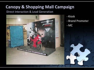 Canopy & Shopping Mall Campaign
Direct Interaction & Lead Generation
                                       • Kiosk
                                       • Brand Promoter

                                       • MC
 