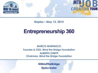 MARCO MARINUCCI
Founder & CEO, Mind the Bridge Foundation
ALBERTO ONETTI
Chairman, Mind the Bridge Foundation
Naples – May 12, 2014
Entrepreneurship 360
@MindTheBridge
#jobcreator
 