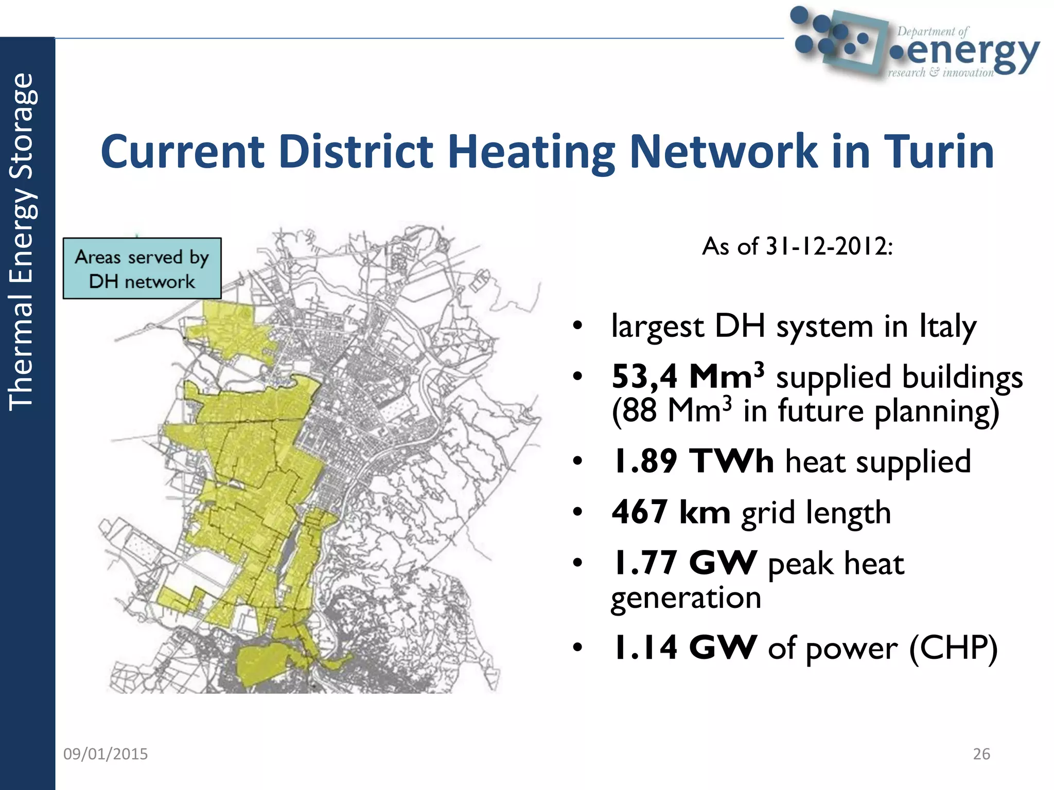 Current District Heating Network in Turin
As of 31-12-2012:
• largest DH system in Italy
• 53,4 Mm3 supplied buildings
(88 Mm3 in future planning)
• 1.89 TWh heat supplied
• 467 km grid length
• 1.77 GW peak heat
generation
• 1.14 GW of power (CHP)
2609/01/2015
ThermalEnergyStorage
 