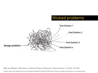 Wicked problems
design problem
final Solution 1
final Solution 2
final Solution 3
final Solution x
* Image credit: http://blogs.dickinson.edu/livinginaworldoﬂimits/2013/01/29/climate-change-a-problem-of-pollution-or-something-else/
Rittel and Webber. “Dilemmas in a General Theory of Planning.” Policy Sciences, 4 (1973): 155-169.
 