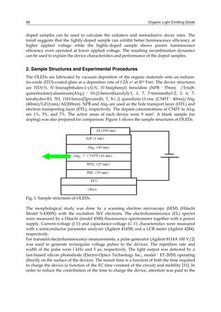 Organic Light Emitting Diode96
doped samples can be used to calculate the radiative and nonradiative decay rates. The
trend suggests that the lightly-doped sample can exhibit better luminescence efficiency at
higher applied voltage while the highly-doped sample shows poorer luminescence
efficiency even operated at lower applied voltage. The resulting recombination dynamics
can be used to explain the device characteristics and performance of the doped samples.
2. Sample Structures and Experimental Procedures
The OLEDs are fabricated by vacuum deposition of the organic materials onto an indium-
tin-oxide (ITO)-coated glass at a deposition rate of l-2Å s-l at l0-6 Torr. The device structures
are ITO/N, N'-bis(naphthalen-1-yl)-N, N'-bis(phenyl) benzidine (NPB：55nm) /Tris(8-
quinolinolato)-aluminum(A1q3) ： 10-(2-benzothiazolyl)-1, 1, 7, 7-tetramethyl-2, 3, 6, 7-
tetrahydro-lH, 5H, 11H-benzo[l]pyrano[6, 7, 8-і ј] quinolizin-11-one (C545T：40nm)/Alq3
(40nm)/LiF(1nm)/Al(200nm). NPB and Alq3 are used as the hole transport layer (HTL) and
electron transporting layer (ETL), respectively. The dopant concentrations of C545T in A1q3
are 1%, 3%, and 7%. The active areas of each device were 9 mm2. A blank sample (no
doping) was also prepared for comparison. Figure 1 shows the sample structures of OLEDs.
Fig. 1. Sample structures of OLEDs.
The morphological study was done by a scanning electron microscopy (SEM) (Hitachi
Model S-4300N) with the excitation 5kV electrons. The electroluminescence (EL) spectra
were measured by a Hitachi (model 4500) fluorescence spectrometer together with a power
supply. Current-voltage (I-V) and capacitance-voltage (C-V) characteristics were measured
with a semiconductor parameter analyzer (Agilent 4145B) and a LCR meter (Agilent 4284),
respectively.
For transient electroluminescence measurements, a pulse generator (Agilent 8114A 100 V/2)
was used to generate rectangular voltage pulses to the devices. The repetition rate and
width of the pulse were l kHz and 5 µs, respectively. The light output was detected by a
fast-biased silicon photodiode (Electro-Optics Technology Inc., model：ET-2020) operating
directly on the surface of the devices. The transit time is a function of both the time required
to charge the device (a function of the RC time constant of the circuit) and mobility [11]. In
order to reduce the contribution of the time to charge the device, attention was paid to the
 