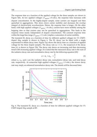 Organic Light Emitting Diode100
0.0 0.1 0.2 0.3 0.4 0.5 0.6 0.7
0.00
0.05
0.10
0.15
Intensity(arb.unit)
Time (ms)
13 Volt
11 Volt
9 Volt
7 Volt
5 Volt
3 Volt
The response time as a function of the applied voltage for the three samples are shown in
Figure 5(b). At low applied voltages ( volts8appliedV ), the response time increases with
dopant concentration. In the highly-doped sample, some carriers are trapped and then
quenched in aggregations. This slows down carrier mobility and decreases the overlap
integral of electron-hole wavefunctions. Hence, the response time is longer. On the other
hand, with high applied voltages ( volts8appliedV ), carriers have more mobility among the
hopping sites so that carriers may not be quenched in aggregations. This leads to the
response times nearly independent of dopant concentration. The constant response time
within the large bias range ( volts11appliedV ) implies a saturation of carrier mobility.
The transient EL decay as a function of time for different applied voltages for 1% C545T-
doped Alq3 sample is shown in Figure 6. The EL decay can be fitted with a single
exponential to obtain decay time. Figure 7(a) shows the decay time as a function of applied
voltage for the three doped samples. The decay rate )/1(   , the reciprocal of the decay
time (τ), is shown in Figure 7(b). The decay rate shows an increasing and then decreasing
trend with increasing applied voltage. It is noted that the measured decay rate is the sum of
the radiative decay rate and nonradiative decay rate by the following equation [18]：
1
r nr  

   (1)
where κr, κnr, and κ are the radiative decay rate, nonradiative decay rate, and total decay
rate, respectively. At somewhat high applied voltages ( volts5appliedV ), the slower decay
rate may imply an enhanced nonradiative decay rate. The details will be discussed later.
Fig. 6. The transient EL decay as a function of time for different applied voltages for 1%
C545T-doped Alq3 sample at RT.
 