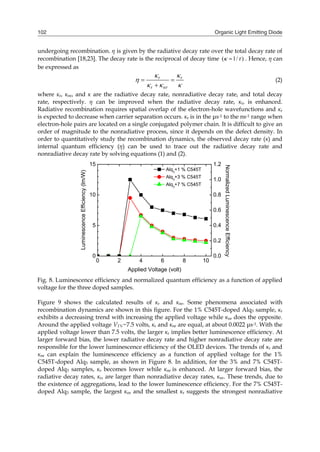 Organic Light Emitting Diode102
0 2 4 6 8 10
0
5
10
15
Alq3
+1 % C545T
Alq3
+3 % C545T
Alq3
+7 % C545T
Applied Voltage (volt)
LuminescenceEfficiency(lm/W)
0.0
0.2
0.4
0.6
0.8
1.0
1.2
NormalizedLuminescenceEfficiency
undergoing recombination. η is given by the radiative decay rate over the total decay rate of
recombination [18,23]. The decay rate is the reciprocal of decay time )/1(   . Hence, η can
be expressed as
r r
r nr
 

  
 

(2)
where κr, κnr, and κ are the radiative decay rate, nonradiative decay rate, and total decay
rate, respectively. η can be improved when the radiative decay rate, κr, is enhanced.
Radiative recombination requires spatial overlap of the electron-hole wavefunctions and κr
is expected to decrease when carrier separation occurs. κr is in the μs-1 to the ns-1 range when
electron-hole pairs are located on a single conjugated polymer chain. It is difficult to give an
order of magnitude to the nonradiative process, since it depends on the defect density. In
order to quantitatively study the recombination dynamics, the observed decay rate (κ) and
internal quantum efficiency (η) can be used to trace out the radiative decay rate and
nonradiative decay rate by solving equations (1) and (2).
Fig. 8. Luminescence efficiency and normalized quantum efficiency as a function of applied
voltage for the three doped samples.
Figure 9 shows the calculated results of κr and κnr. Some phenomena associated with
recombination dynamics are shown in this figure. For the 1% C545T-doped Alq3 sample, κr
exhibits a decreasing trend with increasing the applied voltage while κnr does the opposite.
Around the applied voltage V1%~7.5 volts, κr and κnr are equal, at about 0.0022 μs-1. With the
applied voltage lower than 7.5 volts, the larger κr implies better luminescence efficiency. At
larger forward bias, the lower radiative decay rate and higher nonradiative decay rate are
responsible for the lower luminescence efficiency of the OLED devices. The trends of κr and
κnr can explain the luminescence efficiency as a function of applied voltage for the 1%
C545T-doped Alq3 sample, as shown in Figure 8. In addition, for the 3% and 7% C545T-
doped Alq3 samples, κr becomes lower while κnr is enhanced. At larger forward bias, the
radiative decay rates, κr, are larger than nonradiative decay rates, κnr. These trends, due to
the existence of aggregations, lead to the lower luminescence efficiency. For the 7% C545T-
doped Alq3 sample, the largest κnr and the smallest κr suggests the strongest nonradiative
 