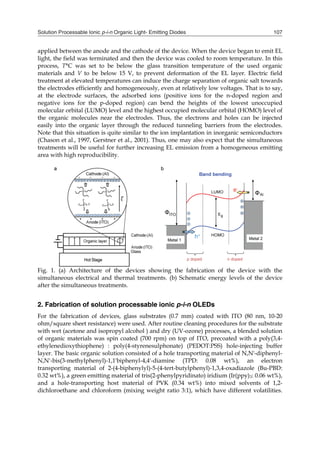 Solution Processable Ionic p-i-n Organic Light- Emitting Diodes 107
applied between the anode and the cathode of the device. When the device began to emit EL
light, the field was terminated and then the device was cooled to room temperature. In this
process, T°C was set to be below the glass transition temperature of the used organic
materials and V to be below 15 V, to prevent deformation of the EL layer. Electric field
treatment at elevated temperatures can induce the charge separation of organic salt towards
the electrodes efficiently and homogeneously, even at relatively low voltages. That is to say,
at the electrode surfaces, the adsorbed ions (positive ions for the n-doped region and
negative ions for the p-doped region) can bend the heights of the lowest unoccupied
molecular orbital (LUMO) level and the highest occupied molecular orbital (HOMO) level of
the organic molecules near the electrodes. Thus, the electrons and holes can be injected
easily into the organic layer through the reduced tunneling barriers from the electrodes.
Note that this situation is quite similar to the ion implantation in inorganic semiconductors
(Chason et al., 1997, Gerstner et al., 2001). Thus, one may also expect that the simultaneous
treatments will be useful for further increasing EL emission from a homogeneous emitting
area with high reproducibility.
Fig. 1. (a) Architecture of the devices showing the fabrication of the device with the
simultaneous electrical and thermal treatments. (b) Schematic energy levels of the device
after the simultaneous treatments.
2. Fabrication of solution processable ionic p-i-n OLEDs
For the fabrication of devices, glass substrates (0.7 mm) coated with ITO (80 nm, 10-20
ohm/square sheet resistance) were used. After routine cleaning procedures for the substrate
with wet (acetone and isopropyl alcohol ) and dry (UV-ozone) processes, a blended solution
of organic materials was spin coated (700 rpm) on top of ITO, precoated with a poly(3,4-
ethylenedioxythiophene) : poly(4-styrenesulphonate) (PEDOT:PSS) hole-injecting buffer
layer. The basic organic solution consisted of a hole transporting material of N,N'-diphenyl-
N,N'-bis(3-methylphenyl)-1,1'biphenyl-4,4'-diamine (TPD: 0.08 wt%), an electron
transporting material of 2-(4-biphenylyl)-5-(4-tert-butylphenyl)-1,3,4-oxadiazole (Bu-PBD:
0.32 wt%), a green emitting material of tris(2-phenylpyridinato) iridium (Ir(ppy)3: 0.06 wt%),
and a hole-transporting host material of PVK (0.34 wt%) into mixed solvents of 1,2-
dichloroethane and chloroform (mixing weight ratio 3:1), which have different volatilities.
 