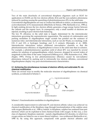 Organic Light Emitting Diode4
Two of the main drawbacks of conventional thiophene oligomers such as EC6T for
applications in OLEDs are the low electron affinity (EA) and the non-radiative phenomena
induced by packing causing the quenching of photoluminescence (PL) in the solid state.
Conventional oligothiophenes are easy to oxidize but difficult to reduce, as demonstrated by
cyclovoltammetry (CV) measurements (Meerholiz & Heinze, 1996; Barbarella et al., 1998 a).
In light emitting devices the low electron affinity generates a huge energy barrier between
the cathode and the organic layer. In consequence, only a small number of electrons are
injected, resulting in poor electron-hole balancing.
The low PL efficiency in the solid state is largely determined by the intermolecular
interactions governing the supramolecular organization. The analysis of conformation and
packing modalities in oligothiophene single crystals has pointed out the existence of
numerous intra- and intermolecular interactions, such as van der Waals, π-π stacking, weak
CH…S and CH…π hydrogen bondings and S…S contacts (Marseglia et al., 2000).
Intermolecular interactions induce additional non-radiative channels so that the
photoluminescence efficiency of oligothiophenes is lower in the solid state than in solution.
For example, a photoluminescence quantum yield of about 40% was reported by several
authors for solutions of quinquethiophene, which, however, dropped by several orders of
magnitude in thin films of the same compound (Oelkrug et al., 1996; Kanemitsu et al., 1996;
Ziegler, 1997). Owing to low photoluminescence efficiency caused by non-radiative
phenomena induced by packing and to intrinsically low electron affinities, conventional
oligothiophenes display very poor electroluminescence characteristics.
2.1 Achieving the simultaneous increase of electron affinity and solid-state PL via
chemical modification
There are several ways to modify the molecular structure of oligothiophenes via chemical
synthesis, as indicated in Scheme 1:
Scheme 1. Functionalization modalities in oligothiophenes
A considerable improvement in solid-state PL and electron affinity values was achieved via
chemical modification of the thiophene rings through functionalization of the sulphur atom
with oxygen (Barbarella et al., 1998 a). Indeed, in thiophene, sulphur has unshared lone-pair
electrons which can be exploited to form chemical bonds with oxygen. In this way, a new
class of oligomeric thiophene materials - namely oligothiophene-S,S dioxides, in which two
oxygen atoms are linked to one or more thienyl sulphurs - was synthesized (Barbarella et al.,
1998 b). By using this approach, compounds with greater electron affinities and
 