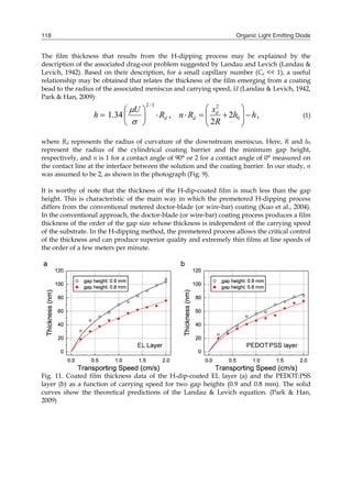 Organic Light Emitting Diode118
The film thickness that results from the H-dipping process may be explained by the
description of the associated drag-out problem suggested by Landau and Levich (Landau &
Levich, 1942). Based on their description, for a small capillary number (Ca << 1), a useful
relationship may be obtained that relates the thickness of the film emerging from a coating
bead to the radius of the associated meniscus and carrying speed, U (Landau & Levich, 1942,
Park & Han, 2009):
,2
2
,34.1 0
23/2
hh
R
x
RnR
U
h d
dd 














(1)
where Rd represents the radius of curvature of the downstream meniscus. Here, R and h0
represent the radius of the cylindrical coating barrier and the minimum gap height,
respectively, and n is 1 for a contact angle of 90° or 2 for a contact angle of 0° measured on
the contact line at the interface between the solution and the coating barrier. In our study, n
was assumed to be 2, as shown in the photograph (Fig. 9).
It is worthy of note that the thickness of the H-dip-coated film is much less than the gap
height. This is characteristic of the main way in which the premetered H-dipping process
differs from the conventional metered doctor-blade (or wire-bar) coating (Kuo et al., 2004).
In the conventional approach, the doctor-blade (or wire-bar) coating process produces a film
thickness of the order of the gap size whose thickness is independent of the carrying speed
of the substrate. In the H-dipping method, the premetered process allows the critical control
of the thickness and can produce superior quality and extremely thin films at line speeds of
the order of a few meters per minute.
Fig. 11. Coated film thickness data of the H-dip-coated EL layer (a) and the PEDOT:PSS
layer (b) as a function of carrying speed for two gap heights (0.9 and 0.8 mm). The solid
curves show the theoretical predictions of the Landau & Levich equation. (Park & Han,
2009)
 