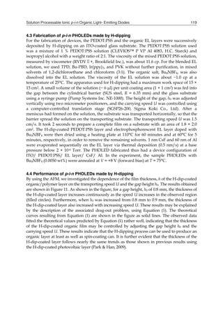 Solution Processable Ionic p-i-n Organic Light- Emitting Diodes 119
4.3 Fabrication of p-i-n PHOLEDs made by H-dipping
For the fabrication of devices, the PEDOT:PSS and the organic EL layers were successively
deposited by H-dipping on an ITO-coated glass substrate. The PEDOT:PSS solution used
was a mixture of 1 % PEDOT:PSS solution (CLEVIOS™ P VP AI 4083, H.C. Starck) and
isopropyl alcohol with a weight ratio of 2:1. The viscosity of the mixed PEDOT:PSS solution,
measured by viscometer (RVDVⅡ+, Brookfield Inc.), was about 11.6 cp. For the blended EL
solution, we used TPD, Bu-PBD, Ir(ppy)3, and PVK without further purification, in mixed
solvents of 1,2-dichloroethane and chloroform (3:1). The organic salt, Bu4NBF4, was also
dissolved into the EL solution. The viscosity of the EL solution was about ~1.0 cp at a
temperature of 25°C. The apparatus used for H-dipping had a maximum work space of 15 ×
15 cm2. A small volume of the solution (~ 6 l) per unit coating area (1 × 1 cm2) was fed into
the gap between the cylindrical barrier (SUS steel, R = 6.35 mm) and the glass substrate
using a syringe pump (Pump Systems Inc. NE-1000). The height of the gap, h0 was adjusted
vertically using two micrometer positioners, and the carrying speed U was controlled using
a computer-controlled translation stage (SGSP26-200, Sigma Koki Co., Ltd). After a
meniscus had formed on the solution, the substrate was transported horizontally, so that the
barrier spread the solution on the transporting substrate. The transporting speed U was 1.5
cm/s. It took 2 seconds to prepare a complete film on a substrate with an area of 1.8 × 2.0
cm2. The H-dip-coated PEDOT:PSS layer and electrophosphorescent EL layer doped with
Bu4NBF4 were then dried using a heating plate at 110°C for 60 minutes and at 60°C for 5
minutes, respectively, in order to remove the remaining solvents. 1 nm CsF and 60 nm of Al
were evaporated sequentially on the EL layer via thermal deposition (0.5 nm/s) at a base
pressure below 2 × 10-6 Torr. The PHOLED fabricated thus had a device configuration of
ITO/ PEDOT:PSS/ EL layer/ CsF/ Al. In the experiment, the sample PHOLEDs with
Bu4NBF4 (0.0050 wt%) were annealed at V = +8 V (forward bias) at T = 75°C.
4.4 Performance of p-i-n PHOLEDs made by H-dipping
By using the AFM, we investigated the dependence of the film thickness, h of the H-dip-coated
organic/polymer layer on the transporting speed U and the gap height h0. The results obtained
are shown in Figure 11. As shown in the figure, for a gap height, h0 of 0.8 mm, the thickness of
the H-dip-coated layer increases continuously as the speed U increases in the observed region
(filled circles). Furthermore, when h0 was increased from 0.8 mm to 0.9 mm, the thickness of
the H-dip-coated layer also increased with increasing speed U. These results may be explained
by the description of the associated drag-out problem, using Equation (1). The theoretical
curves resulting from Equation (1) are shown in the figure as solid lines. The observed data
fitted the theoretical values predicted by Equation (1) rather well, indicating that the thickness
of the H-dip-coated organic film may be controlled by adjusting the gap height h0 and the
carrying speed U. These results indicate that the H-dipping process can be used to produce an
organic layer at least as well as spin-coating can. It is further evident that the thickness of the
H-dip-coated layer follows nearly the same trends as those shown in previous results using
the H-dip-coated photovoltaic layer (Park & Han, 2009).
 