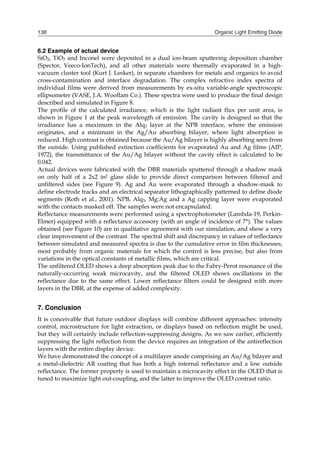 Organic Light Emitting Diode138
6.2 Example of actual device
SiO2, TiO2 and Inconel were deposited in a dual ion-beam sputtering deposition chamber
(Spector, Veeco-IonTech), and all other materials were thermally evaporated in a high-
vacuum cluster tool (Kurt J. Lesker), in separate chambers for metals and organics to avoid
cross-contamination and interface degradation. The complex refractive index spectra of
individual films were derived from measurements by ex-situ variable-angle spectroscopic
ellipsometer (VASE, J.A. Woollam Co.). These spectra were used to produce the final design
described and simulated in Figure 8.
The profile of the calculated irradiance, which is the light radiant flux per unit area, is
shown in Figure 1 at the peak wavelength of emission. The cavity is designed so that the
irradiance has a maximum in the Alq3 layer at the NPB interface, where the emission
originates, and a minimum in the Ag/Au absorbing bilayer, where light absorption is
reduced. High contrast is obtained because the Au/Ag bilayer is highly absorbing seen from
the outside. Using published extinction coefficients for evaporated Au and Ag films (AIP,
1972), the transmittance of the Au/Ag bilayer without the cavity effect is calculated to be
0.042.
Actual devices were fabricated with the DBR materials sputtered through a shadow mask
on only half of a 2x2 in2 glass slide to provide direct comparison between filtered and
unfiltered sides (see Figure 9). Ag and Au were evaporated through a shadow-mask to
define electrode tracks and an electrical separator lithographically patterned to define diode
segments (Roth et al., 2001). NPB, Alq3, Mg:Ag and a Ag capping layer were evaporated
with the contacts masked off. The samples were not encapsulated.
Reflectance measurements were performed using a spectrophotometer (Lambda-19, Perkin-
Elmer) equipped with a reflectance accessory (with an angle of incidence of 7°). The values
obtained (see Figure 10) are in qualitative agreement with our simulation, and show a very
clear improvement of the contrast. The spectral shift and discrepancy in values of reflectance
between simulated and measured spectra is due to the cumulative error in film thicknesses,
most probably from organic materials for which the control is less precise, but also from
variations in the optical constants of metallic films, which are critical.
The unfiltered OLED shows a deep absorption peak due to the Fabry-Perot resonance of the
naturally-occurring weak microcavity, and the filtered OLED shows oscillations in the
reflectance due to the same effect. Lower reflectance filters could be designed with more
layers in the DBR, at the expense of added complexity.
7. Conclusion
It is conceivable that future outdoor displays will combine different approaches: intensity
control, microstructure for light extraction, or displays based on reflection might be used,
but they will certainly include reflection-suppressing designs. As we saw earlier, efficiently
suppressing the light reflection from the device requires an integration of the antireflection
layers with the entire display device.
We have demonstrated the concept of a multilayer anode comprising an Au/Ag bilayer and
a metal-dielectric AR coating that has both a high internal reflectance and a low outside
reflectance. The former property is used to maintain a microcavity effect in the OLED that is
tuned to maximize light out-coupling, and the latter to improve the OLED contrast ratio.
 