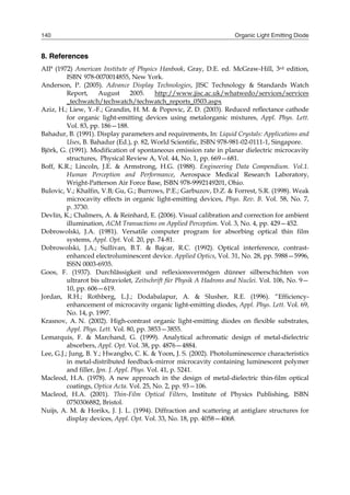 Organic Light Emitting Diode140
8. References
AIP (1972) American Institute of Physics Hanbook, Gray, D.E. ed. McGraw-Hill, 3rd edition,
ISBN 978-0070014855, New York.
Anderson, P. (2005). Advance Display Technologies, JISC Technology & Standards Watch
Report, August 2005. http://www.jisc.ac.uk/whatwedo/services/services
_techwatch/techwatch/techwatch_reports_0503.aspx
Aziz, H.; Liew, Y.-F.; Grandin, H. M. & Popovic, Z. D. (2003). Reduced reflectance cathode
for organic light-emitting devices using metalorganic mixtures, Appl. Phys. Lett.
Vol. 83, pp. 186—188.
Bahadur, B. (1991). Display parameters and requirements, In: Liquid Crystals: Applications and
Uses, B. Bahadur (Ed.), p. 82, World Scientific, ISBN 978-981-02-0111-1, Singapore.
Björk, G. (1991). Modification of spontaneous emission rate in planar dielectric microcavity
structures, Physical Review A, Vol. 44, No. 1, pp. 669—681.
Boff, K.R.; Lincoln, J.E. & Armstrong, H.G. (1988). Engineering Data Compendium. Vol.1.
Human Perception and Performance, Aerospace Medical Research Laboratory,
Wright-Patterson Air Force Base, ISBN 978-9992149201, Ohio.
Bulovic, V.; Khalfin, V.B; Gu, G.; Burrows, P.E.; Garbuzov, D.Z. & Forrest, S.R. (1998). Weak
microcavity effects in organic light-emitting devices, Phys. Rev. B. Vol. 58, No. 7,
p. 3730.
Devlin, K.; Chalmers, A. & Reinhard, E. (2006). Visual calibration and correction for ambient
illumination, ACM Transactions on Applied Perception. Vol. 3, No. 4, pp. 429—452.
Dobrowolski, J.A. (1981). Versatile computer program for absorbing optical thin film
systems, Appl. Opt. Vol. 20, pp. 74-81.
Dobrowolski, J.A.; Sullivan, B.T. & Bajcar, R.C. (1992). Optical interference, contrast-
enhanced electroluminescent device. Applied Optics, Vol. 31, No. 28, pp. 5988—5996,
ISSN 0003-6935.
Goos, F. (1937). Durchlässigkeit und reflexionsvermögen dünner silberschichten von
ultrarot bis ultraviolet, Zeitschrift für Physik A Hadrons and Nuclei. Vol. 106, No. 9—
10, pp. 606—619.
Jordan, R.H.; Rothberg, L.J.; Dodabalapur, A. & Slusher, R.E. (1996). “Efficiency-
enhancement of microcavity organic light-emitting diodes, Appl. Phys. Lett. Vol. 69,
No. 14, p. 1997.
Krasnov, A. N. (2002). High-contrast organic light-emitting diodes on flexible substrates,
Appl. Phys. Lett. Vol. 80, pp. 3853—3855.
Lemarquis, F. & Marchand, G. (1999). Analytical achromatic design of metal-dielectric
absorbers, Appl. Opt. Vol. 38, pp. 4876—4884.
Lee, G.J.; Jung, B. Y.; Hwangbo, C. K. & Yoon, J. S. (2002). Photoluminescence characteristics
in metal-distributed feedback-mirror microcavity containing luminescent polymer
and filler, Jpn. J. Appl. Phys. Vol. 41, p. 5241.
Macleod, H.A. (1978). A new approach in the design of metal-dielectric thin-film optical
coatings, Optica Acta. Vol. 25, No. 2, pp. 93—106.
Macleod, H.A. (2001). Thin-Film Optical Filters, Institute of Physics Publishing, ISBN
0750306882, Bristol.
Nuijs, A. M. & Horikx, J. J. L. (1994). Diffraction and scattering at antiglare structures for
display devices, Appl. Opt. Vol. 33, No. 18, pp. 4058—4068.
 
