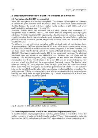 Organic Light Emitting Diode156
2. Electrical performances of a-Si:H TFT fabricated on a metal foil
2.1 Fabrication of a-Si:H TFT on a metal foil
Metal foils have potential advantage over plastic. They tolerate high temperature processes
in contrast to glass and even more to plastics. They also have much better dimensional
stability because the metal foils have higher elastic modulus (~200 GPa), and lower
coefficient of thermal expansion (~10 ppm/°C).
However, flexible metal foil substrates do not easily process with traditional TFT
equipments such as stepper, PECVD, and etchers that are compatible with rigid glass
substrates. To utilize traditional TFT equipments, a flexible metal foil substrate can bond to
a rigid glass plate. In this case, the adhesive used for bonding the metal foil to a rigid glass
plate reduces the maximum process temperature from the value that the substrate itself
would withstand.
The adhesive covered on the rigid glass plate and 76-µm-thick metal foil was stuck on them.
A spin-on polymer (SOP) or spin-on glass (SOG) as an initial surface planarization spread
on a metal foil substrate in order to reduce the surface roughness of the metal substrate. 200-
nm-thick silicon nitride (SiNx) formed by plasma-enhanced chemical vapor deposition
(PECVD). This layer insulates electrically TFT layers from metal substrate. The electrical
insulation layer also served as the mechanical bond between the TFT layers and the
substrate. The root-mean-square (RMS) roughness of the metal foil substrate after
planarization was 5 nm. The structure of the a-Si:H TFT was an inverted staggered-type
structure, which was fabricated by a conventional five-mask process. The flexible metal
substrate carrying TFT array separated from the rigid glass plate. To protect mechanical
stress from being able to degrade the electrical performance of a-Si:H TFT, the adhesive
between the metal foil and the glass plate was softened by chemical before separation. The
performance of TFT did not change before and after separation the flexible metal substrate
carrying TFT array from the rigid glass plate. Fig. 1 shows a cross section of a-Si:H TFT,
which was fabricated on flexible metal foil.
Fig. 1. Structure of TFT fabricated on metal foil substrate
2.2 Electrical performances of a-Si:H TFT dependent on planarization layer
In flexible displays employing metal foil substrate, planarization is required to reduce the
surface roughness of metal foil and electrically insulate TFT array from conductive metal foil.
Spin-on glass (SOG) and spin-on polymer (SOP) were selected as planarization dielectric. 2
 