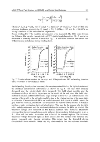a-Si:H TFT and Pixel Structure for AMOLED on a Flexible Metal Substrate 161
   
  
21 2
2 1 1
d df s
top
R
 

 
  
 
  
 
(1)
where η = df/ds, χ = Ef/Es, here df (acryl) = 3, df (SiNx) = 0.9 ㎛ and ds = 76 ㎛ are film and
substrate thickness, respectively. Ef (acryl) = 3.2, Ef (SiNx) = 183 and Es = 200 GPa are
Young’s modulus of film and substrate, respectively.
Before bending the TFTs, electrical performances were measured. The TFTs were stressed
for 24 hours. The transfer characteristics of TFTs in the bended condition (R = 5 mm) were
measured at arbitrary intervals as shown in Fig. 7. A zero hour duration time meant that
TFTs measured as flattened before bending them.
Fig. 7. Transfer characteristics for the acryl and SiNx-passivated TFT as bending duration
time. The radius of curvature R is 5 mm.
As the bending duration time increased, the transfer curves shifted to the right direction and
the electrical performances deteriorated as shown in Fig. 8. The field effect mobility
decreased and the sub-threshold slope increased. The field effect mobility and the
subthreshold slope are much dependent on the width of the tail state. The field effect
mobility is smaller and the subthreshold slope is larger as the a-Si:H tail state increases. This
increase of the width of the tail states might be due to the relative increase of the deep states
in tail states. When the flexible TFTs are bended outward, Si-Si bonds in a-Si:H, close to the
gate dielectric interface, are shrunk. The increase in the number of the strained Si-Si bonds
implies a wider conduction-band-tail distribution. This may be the reason why the field
effect mobility decreases and the subthreshold slope increases as the TFTs are bended. The
threshold voltage also increased as the bended-duration time increased. Stutzmann
proposed that the mechanical stress could influence the metastable defect creation in an a-
Si:H film and that defect formation was enhanced in strained regions. The increased
threshold voltage decreased again as time passed after the bended-TFTs flattened and
almost recovered after thermal annealing. This meant that the degraded electric
characteristics were curable. Hence, we may also conclude that the increased threshold
 