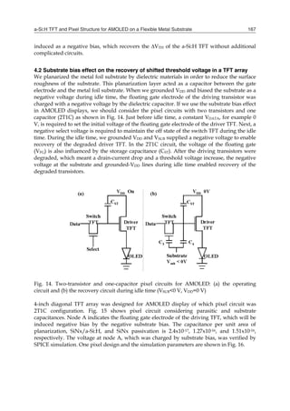 a-Si:H TFT and Pixel Structure for AMOLED on a Flexible Metal Substrate 167
induced as a negative bias, which recovers the ∆VTH of the a-Si:H TFT without additional
complicated circuits.
4.2 Substrate bias effect on the recovery of shifted threshold voltage in a TFT array
We planarized the metal foil substrate by dielectric materials in order to reduce the surface
roughness of the substrate. This planarization layer acted as a capacitor between the gate
electrode and the metal foil substrate. When we grounded VDD and biased the substrate as a
negative voltage during idle time, the floating gate electrode of the driving transistor was
charged with a negative voltage by the dielectric capacitor. If we use the substrate bias effect
in AMOLED displays, we should consider the pixel circuits with two transistors and one
capacitor (2T1C) as shown in Fig. 14. Just before idle time, a constant VDATA, for example 0
V, is required to set the initial voltage of the floating gate electrode of the driver TFT. Next, a
negative select voltage is required to maintain the off state of the switch TFT during the idle
time. During the idle time, we grounded VDD and VSUB supplied a negative voltage to enable
recovery of the degraded driver TFT. In the 2T1C circuit, the voltage of the floating gate
(VFG) is also influenced by the storage capacitance (CST). After the driving transistors were
degraded, which meant a drain-current drop and a threshold voltage increase, the negative
voltage at the substrate and grounded-VDD lines during idle time enabled recovery of the
degraded transistors.
Fig. 14. Two-transistor and one-capacitor pixel circuits for AMOLED: (a) the operating
circuit and (b) the recovery circuit during idle time (VSUB<0 V, VDD=0 V)
4-inch diagonal TFT array was designed for AMOLED display of which pixel circuit was
2T1C configuration. Fig. 15 shows pixel circuit considering parasitic and substrate
capacitances. Node A indicates the floating gate electrode of the driving TFT, which will be
induced negative bias by the negative substrate bias. The capacitance per unit area of
planarization, SiNx/a-Si:H, and SiNx passivation is 2.4x10-17, 1.27x10-16, and 1.51x10-16,
respectively. The voltage at node A, which was charged by substrate bias, was verified by
SPICE simulation. One pixel design and the simulation parameters are shown in Fig. 16.
 