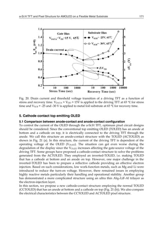 a-Si:H TFT and Pixel Structure for AMOLED on a Flexible Metal Substrate 171
Fig. 20. Drain current and threshold voltage transition of a driving TFT as a function of
stress and recovery time. VDATA = VDD = 15V is applied to the driving TFT at 65 for stress
time and VSUB = -25 and -30 V is applied to metal foil substrate at 65 for recovery time.
5. Cathode contact top emitting OLED
5.1 Comparison between anode-contact and anode-contact configuration
To control the current of the OLED through the a-Si:H TFT, optimum pixel circuit designs
should be considered. Since the conventional top emitting OLED (TOLED) has an anode at
bottom and a cathode on top, it is electrically connected to the driving TFT through the
anode. We call this structure an anode-contact structure with the TOLED (ACTOLED) as
shown in Fig. 21 (a). In this structure, the current of the driving TFT is dependent of the
operating voltage of the OLED (VOLED). The situation can get even worse during the
degradation of the display since the VOLED increases affecting the gate-source voltage of the
driving TFT. Some groups have proposed a cathode-contact structure to solve the problems
generated from the ACTOLED. They employed an inverted-TOLED, i.e. making TOLED
that has a cathode at bottom and an anode on top. However, one major challenge in the
inverted-TOLED has been to prepare a reflective cathode providing an effective electron
injection. Based on such considerations, low work-function metals, such as Mg and Li were
introduced to reduce the turn-on voltage. However, there remained issues in employing
highly reactive metals particularly their handling and operational stability. Another group
has demonstrated a more complicated structure using an ultra thin Alq3-LiF-Al trilayer as
the electron-injection layer.
In this section, we propose a new cathode-contact structure employing the normal TOLED
(CCTOLED) that has an anode at bottom and a cathode on top (Fig. 21 (b)). We also compare
the electrical characteristics between the CCTOLED and ACTOLED pixel structure.
 