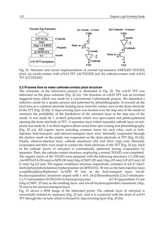 Organic Light Emitting Diode172
Fig. 21. Structure and circuit implementation of normal top-emission AMOLED (TOLED)
pixel: (a) anode-contact with a-Si:H TFT (ACTOLED) and (b) cathode-contact with a-Si:H
TFT (CCTOLED)
5.2 Process flow to make cathode-contact pixel structure
The schematic of the fabrication process is illustrated in Fig. 22. The a-Si:H TFT was
fabricated on the glass substrate (Fig. 22 (a)). The structure of a-Si:H TFT was an inverted
staggered type, which was made by a conventional 5-photomask process. We deposited a
reflective anode by a sputter process and patterned by photolithography. It covered all the
pixel-area as a common electrode keeping away from the contact area on the drain electrode
of the TFT (Fig. 22 (b)). A step-covering layer was located over the step area of the anode to
minimize the probability of the breakdown of the emission layer at the step area of the
anode. It was made by 1 ㎛-thick polyimide which was spin-coated and photo-patterned
opening the drain electrode of TFT. A separator layer which separates cathode layer as sub-
pixels was made by 2 ㎛-thick negative photo-resist from spin coating and photolithography
(Fig. 22 (c)). All organic layers including common layers for each color, such as hole-
injection, hole-transport, and electron-transport layer were thermally evaporated through
the shadow mask on the anode, not evaporated on the drain electrode of TFT (Fig. 22 (d)).
Finally, electron-injection layer, cathode aluminum (Al) and silver (Ag) were thermally
evaporated and then were made to contact the drain electrode of the TFT (Fig. 22 (e)). Each
of the cathode layers of sub-pixel is automatically patterned during evaporation by
separator. Then, the cathode-contact structure, employing a normal TOLED, was completed.
The organic layers of the TOLED were prepared with the following structures: Cr (100 nm)
/m-MTDATA (30 nm)/α-NPD (30 nm)/Alq3+C545T (25 nm)/Alq3 (35 nm)/LiF (0.5 nm)/Al
(1 nm)/Ag (15 nm). The organic multilayer structure sequentially consisted of 4,4’,4”-tris(3-
methylphenylphenylamino) triphenylamine (m-MTDATA, 30 nm) as the hole-injection layer,
α-naphthylphenylbiphennyl (α-NPD 30 nm) as the hole-transport layer, tris-(8-
hrydroxyquinoline) aluminum doped with 1 wt% 10-(2-Benzothiazolyl)-2,3,6,7-tetrahydro-
1,1,7,7-tetramethyl-1H,5H,11H-(1)-benzopyropyrano (6,7-8-i,j)quinolizin-11-one
(Alq3+C545T, 25 nm) as the emitting layer, and tris-(8-hrydroxyquinoline) aluminum (Alq3,
35 nm) as the electron-transport layer.
Fig. 23 shows a SEM image of the fabricated pixels. The cathode layer of sub-pixel is
successfully isolated by separator (Fig. 23 (a)). And it is connected with the drain of a-Si:H
TFT through the via hole which is formed by step-covering layer (Fig. 23 (b)).
 