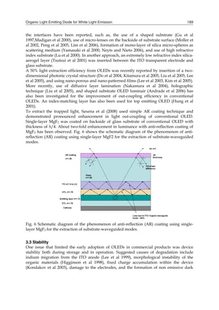 Organic Light Emitting Diode for White Light Emission 189
the interfaces have been reported, such as, the use of a shaped substrate (Gu et al
1997,Madigan et al 2000), use of micro-lenses on the backside of substrate surface (Moller et
al 2002, Peng et al 2005, Lim et al 2006), formation of mono-layer of silica micro-spheres as
scattering medium (Yamasaki et al 2000, Neyts and Nieto 2006), and use of high refractive
index substrate (Lu et al 2000). In another approach, an extremely low refractive index silica-
aerogel layer (Tsutsui et al 2001) was inserted between the ITO transparent electrode and
glass substrate.
A 50% light extraction efficiency from OLEDs was recently reported by insertion of a two-
dimensional photonic crystal structure (Do et al 2004, Kitamura et al 2005, Liu et al 2005, Lee
et al 2005), and using nano-porous and nano-patterned films (Lee et al 2003, Kim et al 2005).
More recently, use of diffusive layer lamination (Nakamura et al 2004), holographic
technique (Liu et al 2005), and shaped substrate OLED luminair (Andrade et al 2006) has
also been investigated for the improvement of out-coupling efficiency in conventional
OLEDs. An index-matching layer has also been used for top emitting OLED (Hung et al
2001).
To extract the trapped light, Saxena et al (2008) used simple AR coating technique and
demonstrated pronounced enhancement in light out-coupling of conventional OLED.
Single-layer MgF2 was coated on backside of glass substrate of conventional OLED with
thickness of λ/4. About two-fold enhancement in luminance with anti-reflection coating of
MgF2 has been observed. Fig. 6 shows the schematic diagram of the phenomenon of anti-
reflection (AR) coating using single-layer MgF2 for the extraction of substrate-waveguided
modes.
Fig. 6 Schematic diagram of the phenomenon of anti-reflection (AR) coating using single-
layer MgF2 for the extraction of substrate-waveguided modes.
3.3 Stability
One issue that limited the early adoption of OLEDs in commercial products was device
stability both during storage and in operation. Suggested causes of degradation include
indium migration from the ITO anode (Lee et al 1999), morphological instability of the
organic materials (Higginson et al 1998), fixed charge accumulation within the device
(Kondakov et al 2003), damage to the electrodes, and the formation of non emissive dark
 
