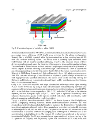 Organic Light Emitting Diode192
Fig. 7. Schematic diagram of multilayer white OLED
A maximum luminance of 13 500 cd/m2, a maximum external quantum efficiency>0.5% and
an average power efficiency of 0.3 lm/W were reported for the above configuration.
Recently Wu et al (2005) reported white light emission from a dual emitting layer OLED
with and without blocking layers. The device with a blocking layer exhibited better
performance with an external quantum efficiency of 3.86%. The emission colour of these
devices strongly depends upon the thickness of the emissive layer and the applied voltage.
The drawback of this technique is that it requires complex processing and a large amount of
wasted organic materials resulting in relatively high fabrication cost. The CIE coordinates
are often dependent upon the driving current due to shift of the exciton recombination zone.
Brian et al (2002) have demonstrated that multi-emissive layer fully electrophosphorescent
WOLEDs can take advantage of the diffusion of triplets to produce bright white devices
with high power and quantum efficiencies. The device color can be tuned by varying the
thickness and the dopant concentrations in each layer, and by introducing exciton blocking
layers between emissive layers.
Gong et al (2005) have reported that high performance multilayer white light emitting
PLEDs can be fabricated by using a blend of luminescent semiconducting polymers and
organometallic complexes as the emission layer and water soluble (or ethanol soluable)PVK-
SO3Li as the hole injection/transport layer (HIL/HTL) and t-Bu-PBD-SO3Na as the electron
injection/electron transport layer (EIL/ETL). Each layer is spin-cost sequentially from
solution. Illumination quality white light is emitted with stable CIE coordinates, stable
colour temperature and stable clour rendering indices.
Tayagi et al (2010) have demonstrated a WOLED by double layers of blue Zn(hpb)2 and
yellow Zn(hpb)mq emitting materials. Broad electroluminescence spectrum has been
observed and as the thickness of Zn(hpb)mq layer increases the dominant wavelength shifts
from bluish region to yellowish region. Three peaks have been observed in the EL spectrum
at wavelengths 450 nm, 485 nm and 550 nm. The peak at 450 nm and 485 nm are due to the
recombination of electrons and holes in Zn(hpb)2 layer and the peak at 550 nm is due to the
recombination in Zn(hpb)mq layer. The peak at 485 nm has been attributed to the excimer
formation in Zn(hpb)2. The EL spectrum of duoble layer was found to be an overlap of the
EL spectrum of Zn(hpb)2 and Zn(hpb)mq layers. CIE coordinates (0.29, 0.38) were well
 