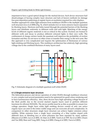 Organic Light Emitting Diode for White Light Emission 195
important to have a good optical design for the stacked devices. Such device structures had
disadvantages of having complex layer structure and lack of known methods for damage
free post deposition patterning of organic layers at resolution required for color displays.
Another approach for white light emission from multilayer OLEDs is the multiple quantum
well structure (Liu et al 2000) (Fig. 9), which includes two or more emissive layers separated
by blocking layers. Electrons and holes tunnel through the potential barriers of the blocking
layers and distribute uniformly in different wells and emit light. Matching of the energy
levels of different organic materials is not so critical in this system. Excitons are formed in
different wells and decay to produce different coloured lights in their own wells. The
confinement of charge carriers inside the quantum well improves the probability of exciton
formation and they do not move to other zones or transfer their energy to the next zone. But
this approach is very complicated and requires the optimization of thicknesses of various
light emitting and blocking layers. This multilayer architecture has relatively high operating
voltage due to the combined thickness of many layers used.
Fig. 9. Schematic diagram of a multiple quantum well white OLED
4.1.2 Single emissive layer structure
The fabrication process and device operation of white OLEDs through multilayer structure
is very complex and several parameters need to be optimized for good colour rendering and
to have luminescence efficiency. Also, these devices have high operating voltage because of
the thick profile due to the several stacked organic layers used to perform different
functions for efficient WOLEDs. The device profile must be as thin as possible to ensure low
voltage operation. Single layer white light emitting devices consist of only one active
organic layer can emit in the entire visible range and can overcome all such complexities. In
comparison to other structures single layer structure can achieve higher emission colour
stability. White emission from a single layer consisting of a blue emitter doped with
different dyes or blending two or more polymers has been reported by many authors
(Mazzeo et al 2003, Lee et al 2002, Al Attar et al 2005, Tasch et al 1997, Ko et al 2003, Chuen
and Tao 2002, Shao and Yang 2005, Yang et al 2000, Chang et al 2005, Tsai et al 2003).
 