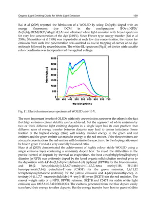 Organic Light Emitting Diode for White Light Emission 199
Rai et al (2009) reported the fabrication of a WOLED by using Zn(hpb)2 doped with an
orange fluorescent dye DCM in the configuration ITO/-NPD/
Zn(hpb)2:DCM/BCP/Alq3/LiF/Al and obtained white light emission with broad spectrum
for very low concentration of the dye (0.01%). Since Förster type energy transfer (Rai et al
2008a, Shoustikov et al 1998) was improbable at such low dye concentration, the reason for
emission from such low concentration was ascribed as due to trapping of carrier on to dye
molecule followed by recombination. The white EL spectrum (Fig11) of device with suitable
color coordinates was independent of the applied voltage.
Fig. 11. Electroluminescence spectrum of WOLED at 6–10 V.
The most important benefit of OLEDs with only one emission zone over the others is the fact
that high emission colour stability can be achieved. But the approach of white emission by
two or three different light emitting dopants in a single layer has its own problem that
different rates of energy transfer between dopants may lead to colour imbalance. Some
fraction of the highest energy (blue) will readily transfer energy to the green and red
emitters and the green emitter can transfer energy to the red emitter. If the three emitters are
at equal concentrations the red emitter will dominate the spectrum. So the doping ratio must
be blue > green > red at a very carefully balanced ratio.
Shao et al (2005) demonstrated the achievement of highly colour stable WOLED using a
single emissive layer containing a uniformly doped host. To avoid the difficulties in the
precise control of dopants by thermal co-evaporation, the host α-naphthylphenylbiphenyl
diamine (-NPD) was uniformly doped by the fused organic solid solution method prior to
the deposition with 4,4’-bis(2,2-diphenylethen-1-yl) biphenyl (DPVBi) for the blue emission,
and 10-(2- benzothiazolyl)-2,3,6,7-tetrahydro-1,1,7,7,-tetra methyl-1H, 5H,11H
benzopyrano(6,7,8-ij) quinolizin-11-one (C545T) for the green emission, 5,6,11,12
tetraphenylnaphthacene (rubrene) for the yellow emission and 4-(dicyanomethylene)- 2-
tertbutyl-6-(1,1,7,7 -teramethyljulolidyl -9 –enyl)-4H-pyan (DCJTB) for the red emission. The
correct weight ratio of -NPD, DPVBi, rubrene, DCJTB and C545T for stable white light
emission was 100:5.81:0.342:0.304:0.394. The excitons generated from the blue dopant easily
transfered their energy to other dopants. But the energy transfer from host to guest exhibits
 