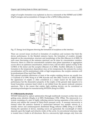 Organic Light Emitting Diode for White Light Emission 205
origin of exciplex formation was explained as due to a mismatch of the HOMO and LUMO
(Fig17) energies and accumulation of charges at the -NPD/LiMeq interface.
Fig. 17. Energy level diagram showing the formation of exciplexes at the interface
There are several issues involved in formation of exciplexes and excimers that limit the
device performance. In the blended emissive layers, the formation of exciplex strongly
depends on the concentration, structure and morphology of the film (Mazzeo et al 2002). In
such cases fine-tuning of the emission spectrum can be done by concentration variation.
However, there is a limit for concentration variation since phase separation or aggregation
occurs above an optimum concentration, which in turn, will not allow spatial overlap of the
LUMOs of the donor and the acceptor (Mazzeo et al 2002). Another difficulty in exciplex
formation is the temperature dependence since at low temperatures the emission by exciton
recombination will be predominant while at high temperatures, the exciplex emission will
be predominant (Chao and Chen 1998).
The external quantum efficiencies of most of the exiplex emitting devices are usually low
(~1%)(Noda et al 1999, Wang et al 1998, Kawabe and Abe 2002, Cocchi et al 2002). Indeed
the appearance of exiplex is often considered as a major reason for the poor device
performance but the dissociative property of the exiplex of the ground state imparts in to
broad featureless emission band which is red shifted from the parent molecule emission
spectrum. This is the reason that exiplex light emitting devices can be considered as
promising technologies for manufacturing WOLEDs (Feng et al 2001).
4.1.4 Microcavity structure
WOLED fabricated by optical optimization through multimode resonant cavities have also
getting some attention (Singha et al 2003, Dodabalapur 1994, 1994a). The microcavity is a
system consisting of a pair of highly reflecting mirrors having separation of the order of a
micron and utilizes the concept of Fabry-Perot resonant cavity. A resonant microcavity is
formed when the emissive material is sandwiched between two metallic mirrors or a
metallic mirror and semitransparent distributed Bragg reflector (DBR) (Peng et al 2003).
During the operation of device, standing waves are generated, the wavelength of which
depends upon the length and refractive index of the cavity. In conventional structures, light
is wasted since it leaks in all directions. But in a microcavity light emerges only from one
 
