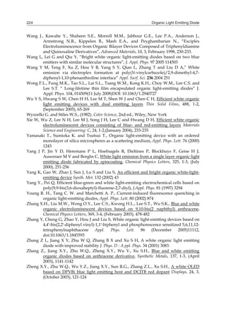 Organic Light Emitting Diode224
Wang J., Kawabe Y., Shaheen S.E., Morrell M.M., Jabbour G.E., Lee P.A., Anderson J.,
Armstrong N.R., Kippelen B., Mash E.A., and Peyghambarian N., “Exciplex
Electroluminescence from Organic Bilayer Devices Composed of Triphenyldiamine
and Quinoxaline Derivatives”, Advanced Materials, 10, 3, February 1998, 230-233.
Wang L, Lei G and Qiu Y, “Bright white organic light-emitting diodes based on two blue
emitters with similar molecular structures”, J. Appl. Phys. 97 2005 114503
Wang Y M, Teng F, Xu Z, Hou Y B, Yang S Y, Qian L, Zhang T and Liu D A,” White
emission via electroplex formation at poly(N-vinylcarbazole)/2,9-dimethyl-4,7-
diphenyl-1,10-phenanthroline interface” Appl. Surf. Sci. 236 2004 251
Wong F.L., Fung M.K., Tao S.L., Lai S.L., Tsang W.M., Kong K.H., Choy W.M., Lee C.S. and
Lee S.T. “ Long-lifetime thin film encapsulated organic light-emitting diodes” J.
Appl. Phys. 104, 014509(11 July 2008)DOI: 10.1063/1.2940727
Wu Y S, Hwang S W, Chen H H, Lee M T, Shen W J and Chen C H, Efficient white organic
light emitting devices with dual emitting layers Thin Solid Films, 488, 1-2,
(September 2005), 65-269
Wyszelki G. and Stiles W.S., (1982). Color Science, 2nd ed., Wiley, New York
Xie W, Wu Z, Lee N H, Lee M J, Song J H, Lee C and Hwang D H, Efficient white organic
electroluminescent devices consisting of blue- and red-emitting layers Materials
Science and Engineering: C, 24, 1-2,(January 2004), 233-235
Yamasaki T., Sumioka K. and Tsutsui T., Organic light-emitting device with an ordered
monolayer of silica microspheres as a scattering medium, Appl. Phys. Lett. 76 (2000)
1243
Yang J P, Jin Y D, Heremans P L, Hoefnagels R, Dieltines P, Blockhuys F, Geise H J,
Auweraer M V and Borghs C, White light emission from a single layer organic light
emitting diode fabricated by spincoating, Chemical Physics Letters, 325, 1-3, (July
2000), 251-256
Yang K, Gao W, Zhao J, Sun J, Lu S and Liu S, An efficient and bright organic white-light-
emitting device Synth. Met. 132 (2002) 43
Yang Y., Pei Q, Efficient blue-green and white light-emitting electrochemical cells based on
poly(9,9-bis(3,6-dioxaheptyl)-fluorene-2,7-diyl), J.Appl. Phys. 81 (1997) 3294
Young R. H., Tang C. W. and Marchetti A. P., Current-induced fluorescence quenching in
organic light-emitting diodes, Appl. Phys. Lett. 80 (2002) 874
Zhang X.H., Liu M.W., Wong O.Y., Lee C.S., Kwong H.L., Lee S.T., Wu S.K., Blue and white
organic electroluminescent devices based on 9,10-bis(2′ naphthyl) anthracene,
Chemical Physics Letters, 369, 3-4, (February 2003), 478-482
Zhang Y, Cheng G, Zhao Y, Hou J and Liu S, White organic light-emitting devices based on
4,4′-bis(2,2′-diphenyl vinyl)-1,1′-biphenyl and phosphorescence sensitized 5,6,11,12-
tetraphenylnaphthacene Appl. Phys. Lett. 86 (December 2005)11112,
doi:10.1063/1.1845593
Zhang Z L, Jiang X Y, Zhu W Q, Zhang B X and Xu S H, A white organic light emitting
diode with improved stability J. Phys. D : A ppl. Phys. 34 (2001) 3083.
Zhang Z., Jiang X.Y., Zhu W.Q., Zheng X.Y., Wu Y., Xu S.H., Blue and white emitting
organic diodes based on anthracene derivative, Synthetic Metals, 137, 1-3, (April
2003), 1141-1142
Zheng X.Y., Zhu W.Q., Wu Y.Z., Jiang X.Y., Sun R.G., Zhang Z.L., Xu S.H., A white OLED
based on DPVBi blue light emitting host and DCJTB red dopant Displays, 24, 3,
(October 2003), 121-124
 