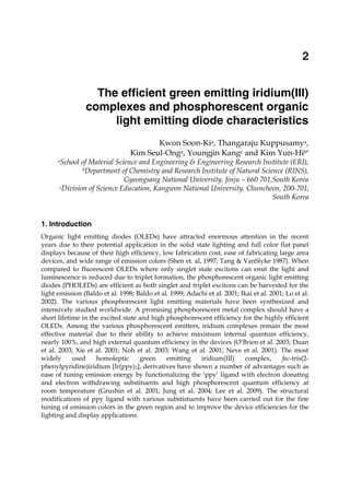 The efficient green emitting iridium(III) complexes
and phosphorescent organic light emitting diode characteristics 25
X
The efficient green emitting iridium(III)
complexes and phosphorescent organic
light emitting diode characteristics
Kwon Soon-Kia, Thangaraju Kuppusamya,
Kim Seul-Onga, Youngjin Kangc and Kim Yun-Hib*
aSchool of Material Science and Engineering & Engineering Research Institute (ERI),
bDepartment of Chemistry and Research Institute of Natural Science (RINS),
Gyeongsang National University, Jinju – 660 701,South Korea
cDivision of Science Education, Kangwon National University, Chuncheon, 200-701,
South Korea
1. Introduction
Organic light emitting diodes (OLEDs) have attracted enormous attention in the recent
years due to their potential application in the solid state lighting and full color flat panel
displays because of their high efficiency, low fabrication cost, ease of fabricating large area
devices, and wide range of emission colors (Shen et. al, 1997; Tang & VanSlyke 1987). When
compared to fluorescent OLEDs where only singlet state excitons can emit the light and
luminescence is reduced due to triplet formation, the phosphorescent organic light emitting
diodes (PHOLEDs) are efficient as both singlet and triplet excitons can be harvested for the
light emission (Baldo et al. 1998; Baldo et al. 1999; Adachi et al. 2001; Ikai et al. 2001; Lo et al.
2002). The various phosphorescent light emitting materials have been synthesized and
intensively studied worldwide. A promising phosphorescent metal complex should have a
short lifetime in the excited state and high phosphorescent efficiency for the highly efficient
OLEDs. Among the various phosphorescent emitters, iridium complexes remain the most
effective material due to their ability to achieve maximum internal quantum efficiency,
nearly 100%, and high external quantum efficiency in the devices (O’Brien et al. 2003; Duan
et al. 2003; Xie et al. 2001; Noh et al. 2003; Wang et al. 2001; Neve et al. 2001). The most
widely used homoleptic green emitting iridium(III) complex, fac-tris(2-
phenylpyridine)iridium [Ir(ppy)3], derivatives have shown a number of advantages such as
ease of tuning emission energy by functionalizing the ‘ppy’ ligand with electron donating
and electron withdrawing substituents and high phosphorescent quantum efficiency at
room temperature (Grushin et al. 2001; Jung et al. 2004; Lee et al. 2009). The structural
modifications of ppy ligand with various substistuents have been carried out for the fine
tuning of emission colors in the green region and to improve the device efficiencies for the
lighting and display applications.
2
 
