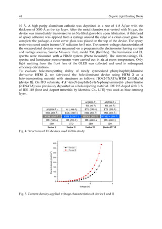 Organic Light Emitting Diode48
10 Å. A high-purity aluminum cathode was deposited at a rate of 4–8 Å/sec with the
thickness of 3000 Å as the top layer. After the metal chamber was vented with N2 gas, the
device was immediately transferred to an N2-filled glove-box upon fabrication. A thin bead
of epoxy adhesive was applied from a syringe around the edge of a clean cover glass. To
complete the package, a clean cover glass was placed on the top of the device. The epoxy
resin was cured under intense UV radiation for 5 min. The current–voltage characteristics of
the encapsulated devices were measured on a programmable electrometer having current
and voltage sources, Source Measure Unit, model 238, (Keithley). The luminance and EL
spectra were measured with a PR650 system (Photo Research). The current–voltage, EL
spectra and luminance measurements were carried out in air at room temperature. Only
light emitting from the front face of the OLED was collected and used in subsequent
efficiency calculations.
To evaluate hole-transporting ability of newly synthesized phenylnaphthyldiamine
derivative HTM 2, we fabricated the hole-dominant device using HTM 2 as a
hole-transporting material with structures as follows: ITO/2-TNATA/HTM 2/EML/Al
(device II). On ITO substrate, 4´,4´´-tris(N-(naphth-2-yl)-N-phenyl-amino)tri- phenylamine
(2-TNATA) was previously deposited as a hole-injecting material. IDE 215 doped with 3 %
of IDE 118 (host and dopant materials by Idemitsu Co., LTD) was used as blue emitting
layer.
Fig. 4. Structures of EL devices used in this study
4 6 8
0
50
100
150
200
250
300
350
400
Currentdensity(mA/cm
2
)
Voltage (V)
Device I
Device II
Fig. 5. Current density-applied voltage characteristics of device I and II
 