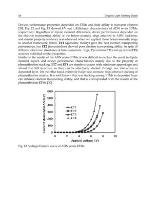 Organic Light Emitting Diode54
Devices performance properties depended on ETMs and their ability to transport electron
[29]. Fig. 12 and Fig. 13 showed I-V and L-Efficiency characteristics of ADN series ETMs,
respectively. Regardless of dipole moment differences, device performances depended on
the electron transporting ability of the hetero-aromatic rings attached to ADN backbone,
and similar property tendency was observed when we applied those hetero-aromatic rings
to another framework before. ET4 (quinoline moiety) gave the best electron transporting
performance, but ET2 (iso-quinoline) showed poor electron transporting ability. In spite of
different electronic structures of hetero-aromatic rings, Pyrimidine(ET1) and pyridine(ET3)
moieties exhibited similar properties.
Similar to the results of the ADN series ETMs, it was difficult to explain the result in dipole
moment aspect, and device performance characteristics mainly due to the property of
phenanthroline stacking. ET7 and ET8 are simple structure with minimum appendages and
almost flat 3-D structure, so they can be effectively stacked through π-π interaction in
deposited layer. On the other hand, relatively bulky side aromatic rings obstruct stacking of
phenanthroline moiety. It is well known that π-π stacking among ETMs in deposited layer
can enhance electron transporting ability, and that is corresponded with the results of the
phenanthroline ETMs [30].
Fig. 12. Voltage-Current curve of ADN series ETMs
 