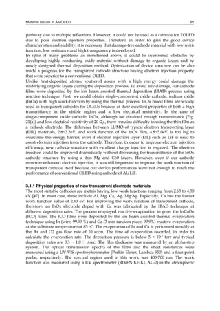 Material Issues in AMOLED 61
pathway due to multiple reflections. However, it could not be used as a cathode for TOLED
due to poor electron injection properties. Therefore, in order to gain the good device
characteristics and stability, it is necessary that damage-free cathode material with low work
function, low resistance and high transparency is developed.
In spite of many problems as menstioned above, it could be overcomed obstacles by
developing highly conducting oxide material without damage to organic layers and by
newly designed thermal deposition method. Opimization of device structure can be also
made a progress for the transparent cathode structure having electron injection property
that were superior to a conventional OLED.
Unlike heat-deposited atoms, sputtered atoms with a high energy could damage the
underlying organic layers during the deposition process. To avoid any damage, our cathode
films were deposited by the ion beam assisted thermal deposition (IBAD) process using
reactive technique. First, we could obtain single-component oxide cathode, indium oxide
(InOx) with high work-function by using the thermal process. InOx based films are widely
used as transparent cathodes for OLEDs because of their excellent properties of both a high
transmittance in the visible region and a low electrical resistivity. In the case of
single-component oxide cathode, InOx, although we obtained enough transmittance (Fig.
21(a)) and low electrical resistivity of 20 Ω/, there remains difficulty in using the thin film as
a cathode electrode. The difference between LUMO of typical electron transporting layer
(ETL) materials, 2.8~3.2eV, and work function of the InOx film, 4.8~5.0eV, is too big to
overcome the energy barrier, even if electron injection layer (EIL) such as LiF is used to
assist electron injection from the cathode. Therefore, in order to improve electron injection
efficiency, new cathode structure with excellent charge injection is required. The electron
injection could be improved dramatically without decreasing the transmittance of the InOx
cathode structure by using a thin Mg and C60 layers. However, even if our cathode
structure enhanced electron injection, it was still important to improve the work function of
transparent cathode itself because our device performances were not enough to reach the
performance of conventional OLED using cathode of Al/LiF.
3.1.1 Physical properties of new transparent electrode materials
The most suitable cathodes are metals having low work functions ranging from 2.63 to 4.30
eV [47]. In most case, these include Al, Mg, Ca, Ag, Mg:Ag. Especially, Ca has the lowest
work function value of 2.63 eV. For improving the work function of transparent cathode,
therefore, an InOx electrode doped with Ca was fabricated by the IBAD technique at
different deposition rates. The process employed reactive evaporation to grow the InCaOx
(ICO) films. The ICO films were deposited by the ion beam assisted thermal evaporation
technique using In (wire, 99.99 %) and Ca (3 mm random piece, 99.9%) reactive evaporation
at the substrate temperature of 85 oC. The evaporation of In and Ca is performed steadily at
the Ar and O2 gas flow rate of 10 sccm. The time of evaporation recorded, in order to
calculate the evaporation rate. The deposition pressure is below 5 × 10-7 torr and typical
deposition rates are 0.3 ~ 1.0 � /sec. The film thickness was measured by an alpha-step
system. The optical transmission spectra of the films and the sheet resistances were
measured using a UV-VIS spectrophotometer (Perkin Elmer, Lambda 950) and a four-point
probe, respectively. The spectral region used in this work was 400-700 nm. The work
function was measured using a UV spectrometer (RIKEN KEIKI, AC-2) in the atmospheric
 