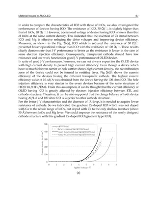 Material Issues in AMOLED 67
In order to compare the characteristics of ICO with those of InOx, we also investigated the
performance of devices having ICO. The resistance of ICO, 30 Ω/⁬, is slightly higher than
that of InOx, 20 Ω/⁬. However, operational voltage of device having ICO is lower than that
of InOx at the same current density. This indicated that the insertion of Ca metal between
ICO and Mg is effective reducing the drive voltages and improving device efficiency.
Moreover, as shown in the Fig. 26(a), ICO which is reduced the resistance of 30 Ω/⁬
presented lower operational voltage than ICO with the resistance of 100 Ω/⁬. These results
clearly demonstrate that J-V performance is better as the resistance is lower in the case of
same electron injection efficiency. Consequently, transparent cathode should have low
resistance and low work function for good J-V performance of OLED device.
In spite of good J-V performance, however, we can not always expect for the OLED device
with high current density to present high current efficiency. Even though a device which
have so much electron carrier or hole carrier shows high current density, the recombination
zone of the device could not be formed in emitting layer. Fig 26(b) shows the current
efficiency of the devices having the different transparent cathode. The highest current
efficiency value of 10 cd/A was obtained from the device having the 100 ohm ICO. The hole
injection efficiency is very similar to the every devices because of the same structure of
ITO/HIL/HTL/EML. From this assumption, it can be thought that the current efficiency of
OLED having ICO is greatly affected by electron injection efficiency between ETL and
cathode structure. Therefore, it can be also supposed that the charge balance of both device
having Al/LiF and 100 ohm ICO is superior to other cathode structure.
For the better J-V characteristics and the decrease of IR drop, it is needed to acquire lower
resistance of cathode. So we fabricated the gradient Ca-doped ICO which was not doped
with Ca to the whole range of InOx, but doped with Ca to the only shallow interface (about
50 Å) between InOx and Mg layer. We could improve the resistance of the newly designed
cathode structure with this gradient Ca-doped ICO (gradient type ICO).
(a)
0
100
200
300
400
500
0 1 2 3 4 5 6 7 8 9
Applied voltage (V)
Currentdensity(mA/cm2
)
Al/LiF/Bebq2
InCaOx(40ohm)/Mg/LiF/C60/Bebq2
Grad1-InCaOx(20ohm)/Mg/LiF/C60/Bebq2
Grad2-InCaOx(40ohm)/Mg/LiF/C60/Bebq2
 