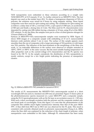 Organic Light Emitting Diode82
TiO2 nanoparticles were embedded in these solutions according to a weight ratio
TiO2/MEH-PPV of 0.15 (namely 15 wt. %), further referred to as MEHPPV+TiO2. The last
deposit was used as the emitter layer (EL). To obtain a homogenous dispersion of TiO2 in
polymer, the solutions were mixed for 8 hours by using magnetic stirring. These liquid
composites were then used for spin-coating and casting. The conditions for spin-coating are
as follows: a delay time of 120 s, a rest time of 30 s, a spin speed of 1500 rpm, an acceleration
of 500 rpm and finally a drying time of 2 min. The films used for PL characterization were
deposited by casting onto KBr tablets having a diameter of 10 mm, using 50 l of the MEH-
PPV solution. To dry the films, the samples were put in a flow of dried gaseous nitrogen for
12 hours (Dinh et al., 2009).
Surfaces of MEH-PPV+TiO2 nanocomposite samples were examined by SEM. Figure 12
shows SEM images of a composite sample with embedding of 15 wt.% nanocrystalline
titanium oxide particles (about 5 nm in size). The surface of this sample appears much
smoother than the one of composites with a larger percentage of TiO2 particles or with larger
size TiO2 particles. The influence of the heat treatment on the morphology of the films was
weak, i.e. no noticeable differences in the surface were observed in samples annealed at
120OC, 150OC or 180OC in the same vacuum. But the most suitable heating temperature for
other properties such as the current-voltage (I-V) characteristics and the PL spectra was
found to be 150 OC. In the sample considered, the distribution of TiO2 nanoparticles is
mostly uniform, except for a few bright points indicating the presence of nanoparticle
clusters.
Fig. 12. SEM of a MEH+PPV-TiO2 annealed in vacuum at 150 oC
The results of PL measurements the MEHPPV+TiO2 nanocomposite excited at a short
wavelength (325 nm) and at a standard one (470 nm) are presented. Figure 13 shows plots of
the photoluminescence spectra measured on a pure MEH-PPV and a composite sample,
using the FL3-2 spectrophotometer with an He-Ne laser as an excitation source ( = 325 nm).
With such a short wavelength excitation both the polymer and the composite emitted only
one broad peak of wavelengths. From this figure, it is seen that the photoemission of the
composite film exhibits much higher luminescence intensity than that of the pure MEH-
PPV. A blue shift from 580.5 nm to 550.3 nm was observed for the PL peak. This result is
consistent with currently obtained result on polymeric nanocomposites (Yang et al., 2005),
where the blue shift was explained by the reduction of the chain length of polymer, when
nanoparticles were embedded in this latter. Although PL enhancement has been rarely
 