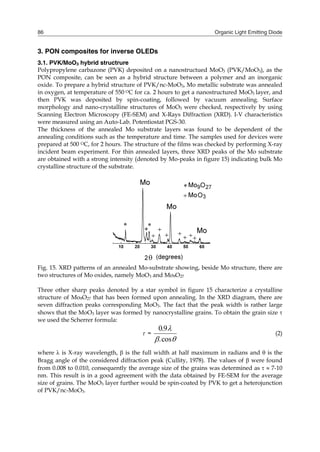 Organic Light Emitting Diode86
3. PON composites for inverse OLEDs
3.1. PVK/MoO3 hybrid structrure
Polypropylene carbazone (PVK) deposited on a nanostructued MoO3 (PVK/MoO3), as the
PON composite, can be seen as a hybrid structure between a polymer and an inorganic
oxide. To prepare a hybrid structure of PVK/nc-MoO3, Mo metallic substrate was annealed
in oxygen, at temperature of 550 OC for ca. 2 hours to get a nanostructured MoO3 layer, and
then PVK was deposited by spin-coating, followed by vacuum annealing. Surface
morphology and nano-crystalline structures of MoO3 were checked, respectively by using
Scanning Electron Microscopy (FE-SEM) and X-Rays Diffraction (XRD). I-V characteristics
were measured using an Auto-Lab. Potentiostat PGS-30.
The thickness of the annealed Mo substrate layers was found to be dependent of the
annealing conditions such as the temperature and time. The samples used for devices were
prepared at 500 OC, for 2 hours. The structure of the films was checked by performing X-ray
incident beam experiment. For thin annealed layers, three XRD peaks of the Mo substrate
are obtained with a strong intensity (denoted by Mo-peaks in figure 15) indicating bulk Mo
crystalline structure of the substrate.
Fig. 15. XRD patterns of an annealed Mo-substrate showing, beside Mo structure, there are
two structures of Mo oxides, namely MoO3 and Mo9O27
Three other sharp peaks denoted by a star symbol in figure 15 characterize a crystalline
structure of Mo9O27 that has been formed upon annealing. In the XRD diagram, there are
seven diffraction peaks corresponding MoO3. The fact that the peak width is rather large
shows that the MoO3 layer was formed by nanocrystalline grains. To obtain the grain size 
we used the Scherrer formula:
 =
0 9.
.cos

 
(2)
where  is X-ray wavelength,  is the full width at half maximum in radians and  is the
Bragg angle of the considered diffraction peak (Cullity, 1978). The values of  were found
from 0.008 to 0.010, consequently the average size of the grains was determined as   7-10
nm. This result is in a good agreement with the data obtained by FE-SEM for the average
size of grains. The MoO3 layer further would be spin-coated by PVK to get a heterojunction
of PVK/nc-MoO3.
 