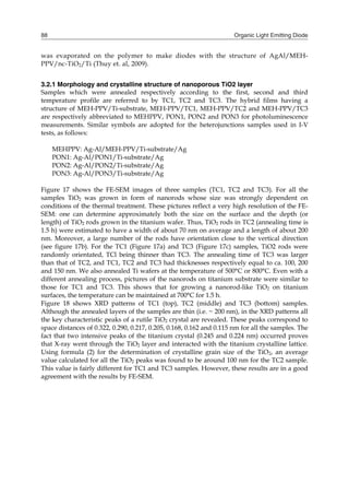 Organic Light Emitting Diode88
was evaporated on the polymer to make diodes with the structure of AgAl/MEH-
PPV/nc-TiO2/Ti (Thuy et. al, 2009).
3.2.1 Morphology and crystalline structure of nanoporous TiO2 layer
Samples which were annealed respectively according to the first, second and third
temperature profile are referred to by TC1, TC2 and TC3. The hybrid films having a
structure of MEH-PPV/Ti-substrate, MEH-PPV/TC1, MEH-PPV/TC2 and MEH-PPV/TC3
are respectively abbreviated to MEHPPV, PON1, PON2 and PON3 for photoluminescence
measurements. Similar symbols are adopted for the heterojunctions samples used in I-V
tests, as follows:
MEHPPV: Ag-Al/MEH-PPV/Ti-substrate/Ag
PON1: Ag-Al/PON1/Ti-substrate/Ag
PON2: Ag-Al/PON2/Ti-substrate/Ag
PON3: Ag-Al/PON3/Ti-substrate/Ag
Figure 17 shows the FE-SEM images of three samples (TC1, TC2 and TC3). For all the
samples TiO2 was grown in form of nanorods whose size was strongly dependent on
conditions of the thermal treatment. These pictures reflect a very high resolution of the FE-
SEM: one can determine approximately both the size on the surface and the depth (or
length) of TiO2 rods grown in the titanium wafer. Thus, TiO2 rods in TC2 (annealing time is
1.5 h) were estimated to have a width of about 70 nm on average and a length of about 200
nm. Moreover, a large number of the rods have orientation close to the vertical direction
(see figure 17b). For the TC1 (Figure 17a) and TC3 (Figure 17c) samples, TiO2 rods were
randomly orientated, TCl being thinner than TC3. The annealing time of TC3 was larger
than that of TC2, and TC1, TC2 and TC3 had thicknesses respectively equal to ca. 100, 200
and 150 nm. We also annealed Ti wafers at the temperature of 500°C or 800°C. Even with a
different annealing process, pictures of the nanorods on titanium substrate were similar to
those for TC1 and TC3. This shows that for growing a nanorod-like TiO2 on titanium
surfaces, the temperature can be maintained at 700°C for 1.5 h.
Figure 18 shows XRD patterns of TC1 (top), TC2 (middle) and TC3 (bottom) samples.
Although the annealed layers of the samples are thin (i.e. ~ 200 nm), in the XRD patterns all
the key characteristic peaks of a rutile TiO2 crystal are revealed. These peaks correspond to
space distances of 0.322, 0.290, 0.217, 0.205, 0.168, 0.162 and 0.115 nm for all the samples. The
fact that two intensive peaks of the titanium crystal (0.245 and 0.224 nm) occurred proves
that X-ray went through the TiO2 layer and interacted with the titanium crystalline lattice.
Using formula (2) for the determination of crystalline grain size of the TiO2, an average
value calculated for all the TiO2 peaks was found to be around 100 nm for the TC2 sample.
This value is fairly different for TC1 and TC3 samples. However, these results are in a good
agreement with the results by FE-SEM.
 