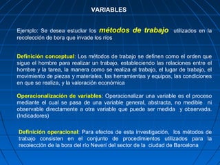 VARIABLES


Ejemplo: Se desea estudiar los métodos         de trabajo       utilizados en la
recolección de bora que invade los ríos


Definición conceptual: Los métodos de trabajo se definen como el orden que
sigue el hombre para realizar un trabajo, estableciendo las relaciones entre el
hombre y la tarea, la manera como se realiza el trabajo, el lugar de trabajo, el
movimiento de piezas y materiales, las herramientas y equipos, las condiciones
en que se realiza, y la valoración económica

Operacionalización de variables: Operacionalizar una variable es el proceso
mediante el cual se pasa de una variable general, abstracta, no medible ni
observable directamente a otra variable que puede ser medida y observada.
(Indicadores)

Definición operacional: Para efectos de esta investigación, los métodos de
trabajo consisten en el conjunto de procedimientos utilizados para la
recolección de la bora del río Neverí del sector de la ciudad de Barcelona
 