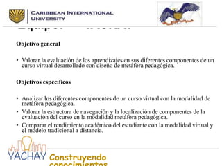 Nombre seleccionado para el
Equipo:
YACHAY
Objetivo general

• Valorar la evaluación de los aprendizajes en sus diferentes componentes de un
curso virtual desarrollado con diseño de metáfora pedagógica.
Objetivos específicos

• Analizar los diferentes componentes de un curso virtual con la modalidad de
metáfora pedagógica.
• Valorar la estructura de navegación y la localización de componentes de la
evaluación del curso en la modalidad metáfora pedagógica.
• Comparar el rendimiento académico del estudiante con la modalidad virtual y
el modelo tradicional a distancia.

Construyendo

 