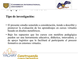 Nombre seleccionado para el
Equipo:
YACHAY
Tipo de investigación:
• El presente estudio sometido a consideración, tiende a describir y
promover la evaluación de los aprendizajes en cursos virtuales
basado en diseños metafóricos.
• Bajo los supuestos que los cursos con metáfora pedagógica
pueden ser una herramienta educativa, didáctica, innovadora, y
de apoyo logístico que le facilitará al participante el proceso
formativo en entornos virtuales.

Construyendo

 