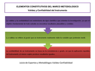 ELEMENTOS CONSTITUTIVOS DEL MARCO METODOLOGICO
Validez y Confiabilidad del Instrumento
Juicio de Expertos y Metodólogos Validez Confiabilidad
 