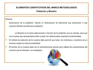 ELEMENTOS CONSTITUTIVOS DEL MARCO METODOLOGICO
Población y Muestra
Muestra:
Subconjunto de la población. Siendo un Subconjunto de elementos que pertenecen a ese
conjunto definido que llamamos población.
La Muestra es la parte seleccionada o fracción de la población que se estudia, para que
una muestra sea representativa debe cumplir con determinados requisitos fundamentales:
 El método de selección de la muestra debe permitir que todos los individuos o miembros de un
universo tengan la misma probabilidad.
 El tamaño de la muestra debe ser lo suficientemente grande para reflejar las características del
universo que le interesan al investigador.
 