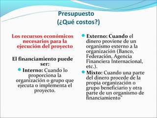 Presupuesto
                  (¿Qué costos?)
Los recursos económicos      Externo: Cuando el
     necesarios para la       dinero proviene de un
  ejecución del proyecto      organismo externo a la
                              organización (Banco,
El financiamiento puede       Federación, Agencia
              ser:            Financiera Internacional,
                              etc.).
  Interno: Cuando lo        Mixto: Cuando una parte
        proporciona la        del dinero procede de la
 organización o grupo que     propia organización o
   ejecuta o implementa el    grupo beneficiario y otra
          proyecto.           parte de un organismo de
                              financiamiento”
 