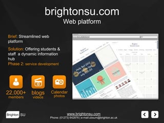 brightonsu.com
Web platform
Brief: Streamlined web
platform
Solution: Offering students &
staff a dynamic information
hub
Phase 2: service development

22,000+

blogs

members

videos

Brighton SU

Calendar
photos

www.brightonsu.com
Phone: (01273) 642876 | e-mail:ubsum@brighton.ac.uk

 
