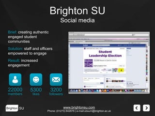 Brighton SU
Social media
Brief: creating authentic
engaged student
communities
Solution: staff and officers
empowered to engage
Result: increased
engagement

22000

5300

3200

members

likes

followers

Brighton SU

www.brightonsu.com
Phone: (01273) 642876 | e-mail:ubsum@brighton.ac.uk

 