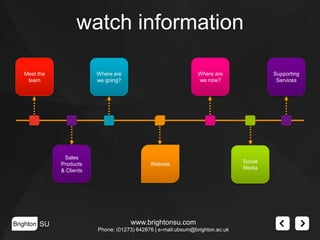 watch information
Meet the
team

Sales
Products
& Clients

Brighton SU

Where are
we now?

Where are
we going?

Website

www.brightonsu.com
Phone: (01273) 642876 | e-mail:ubsum@brighton.ac.uk

Supporting
Services

Social
Media

 